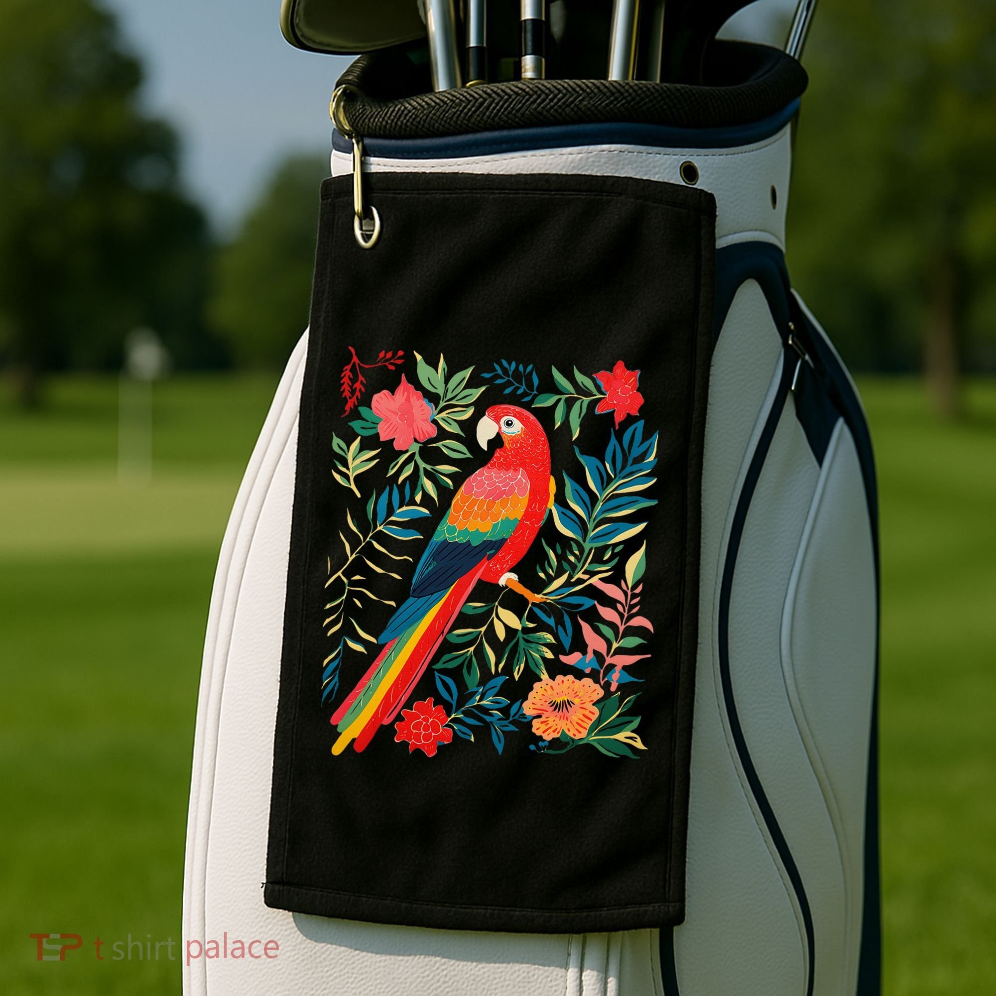 Boho Floral Parrot Scarlet Macaw Birdwatching Bird Lover Golf Towel
