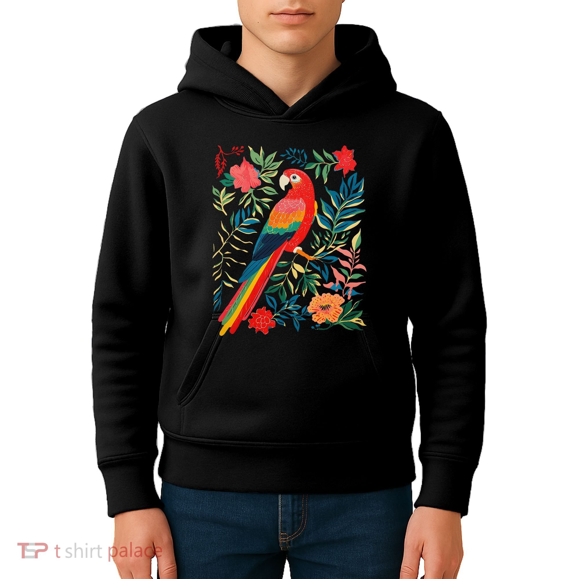 Boho Floral Parrot Scarlet Macaw Birdwatching Bird Lover Kids Hoodie