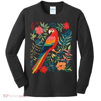 Boho Floral Parrot Scarlet Macaw Birdwatching Bird Lover Kids Long Sleeve Shirt