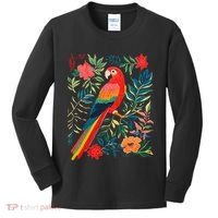 Boho Floral Parrot Scarlet Macaw Birdwatching Bird Lover Kids Long Sleeve Shirt thumb 0