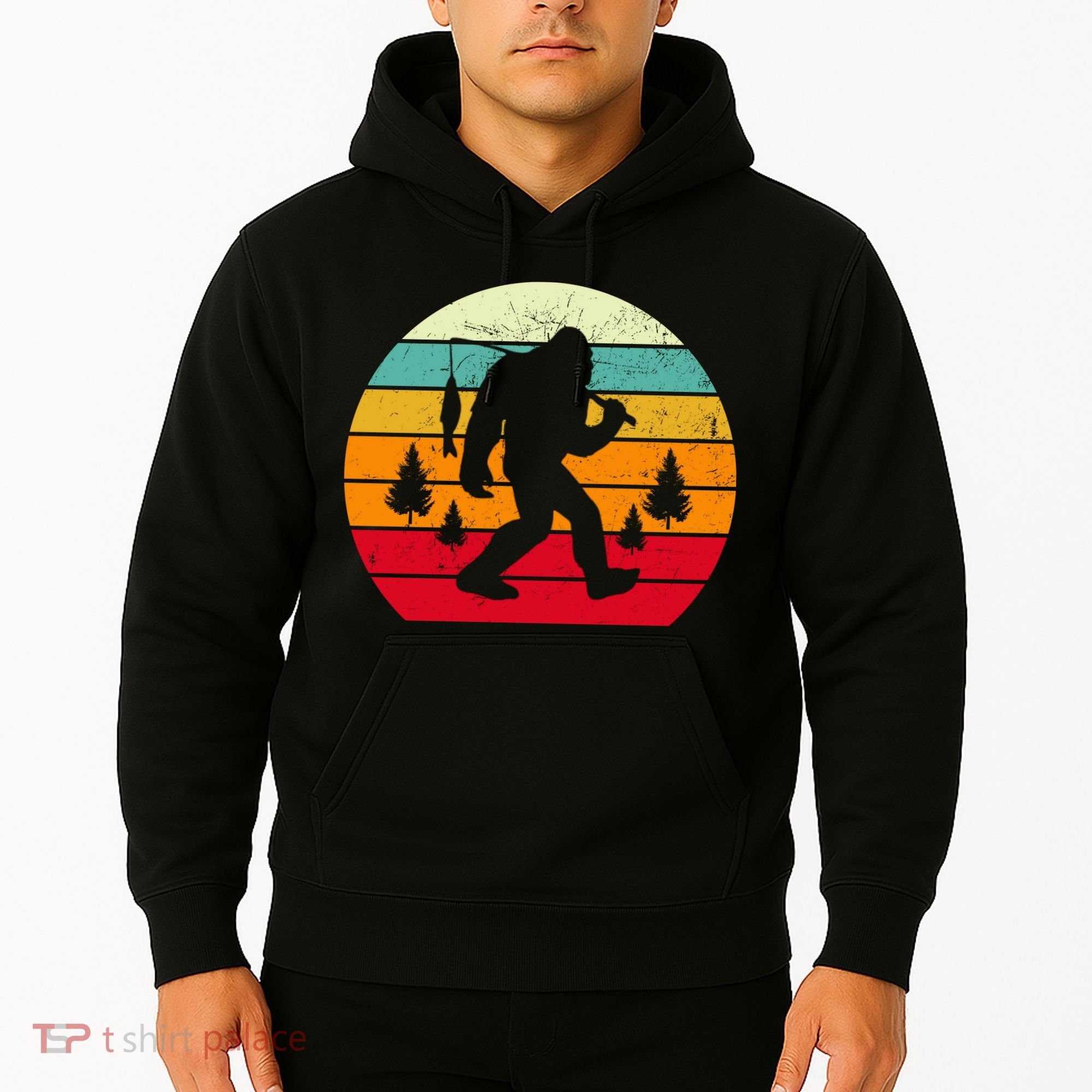 Bigfoot Fishing Retro Sunset Hoodie