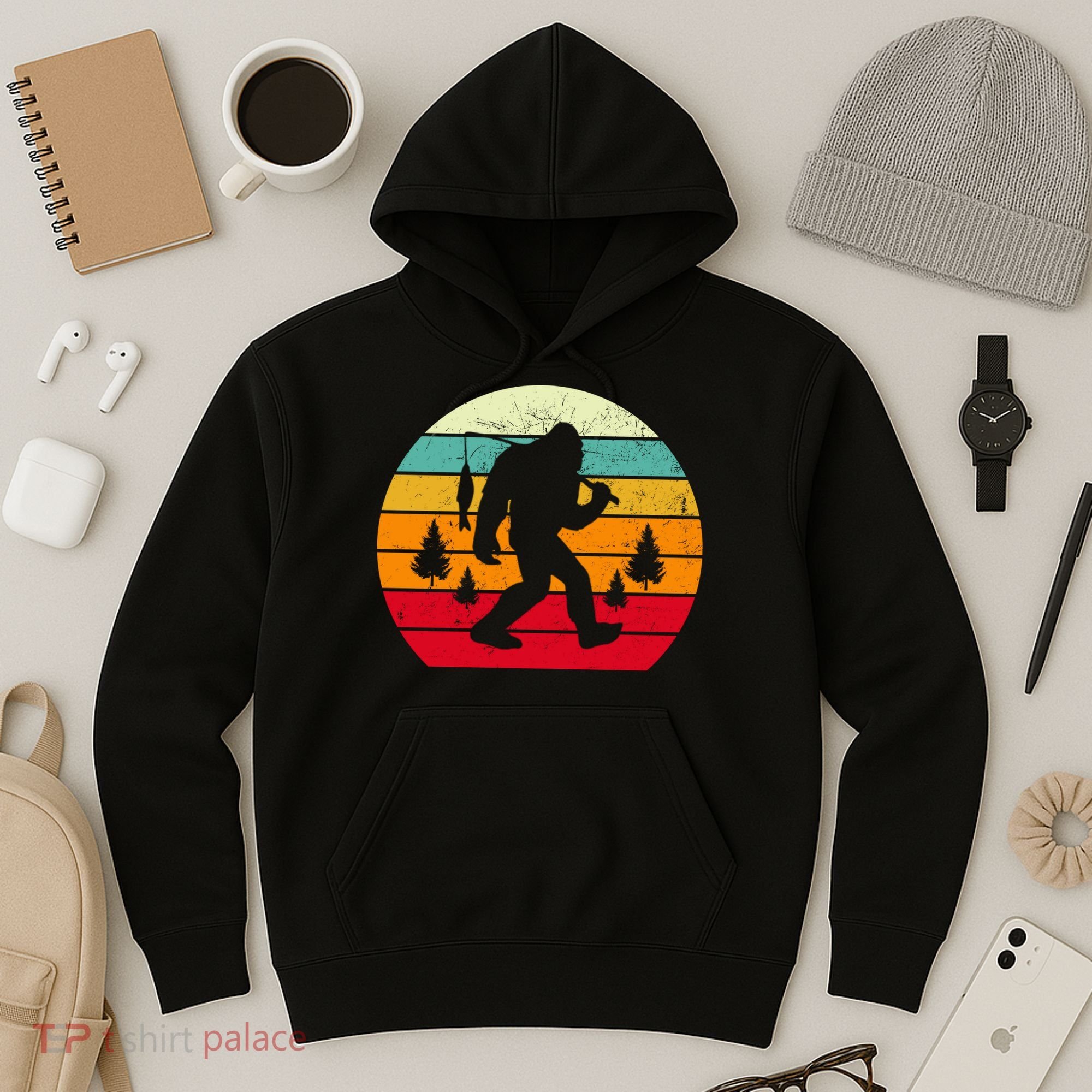 Bigfoot Fishing Retro Sunset Hoodie