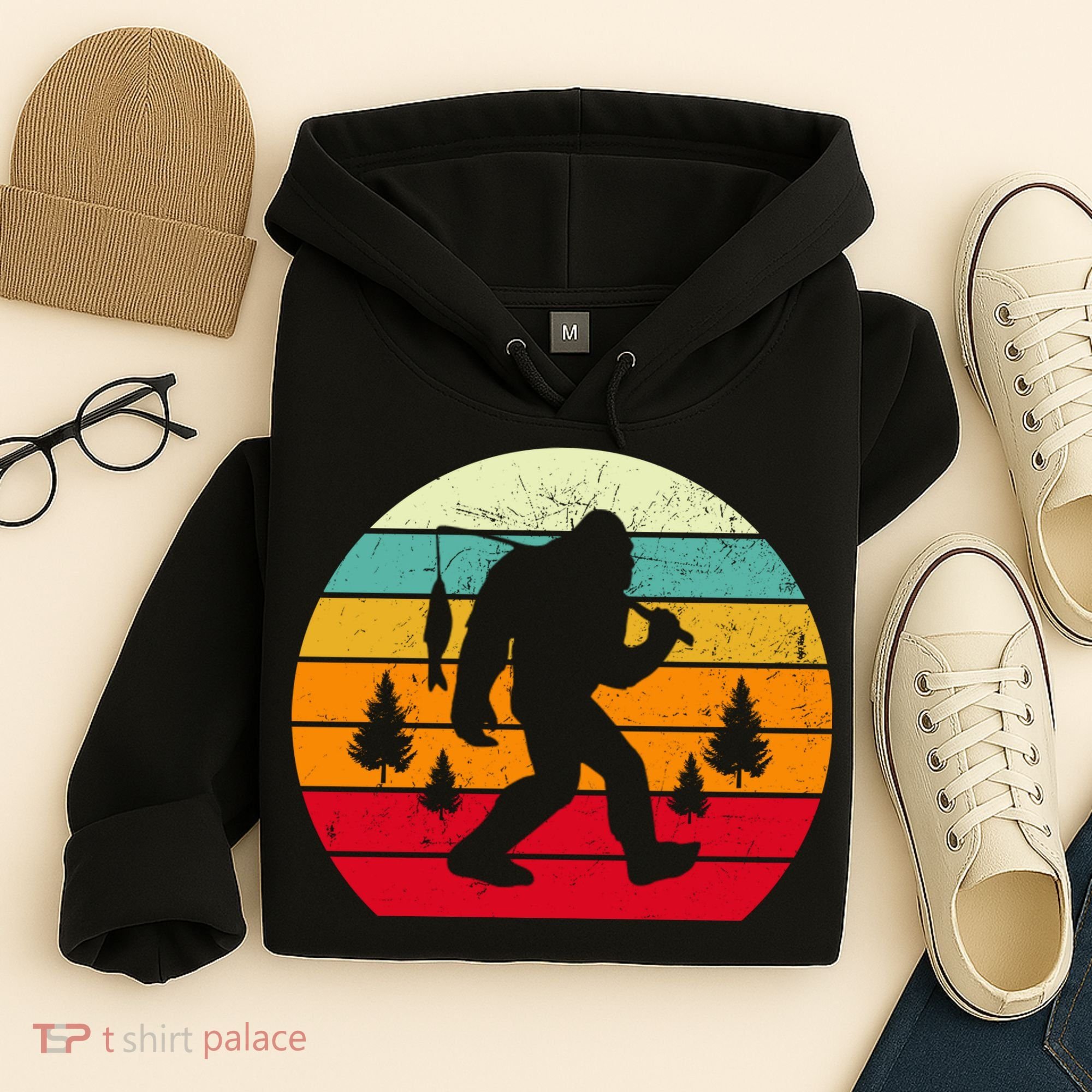Bigfoot Fishing Retro Sunset Hoodie