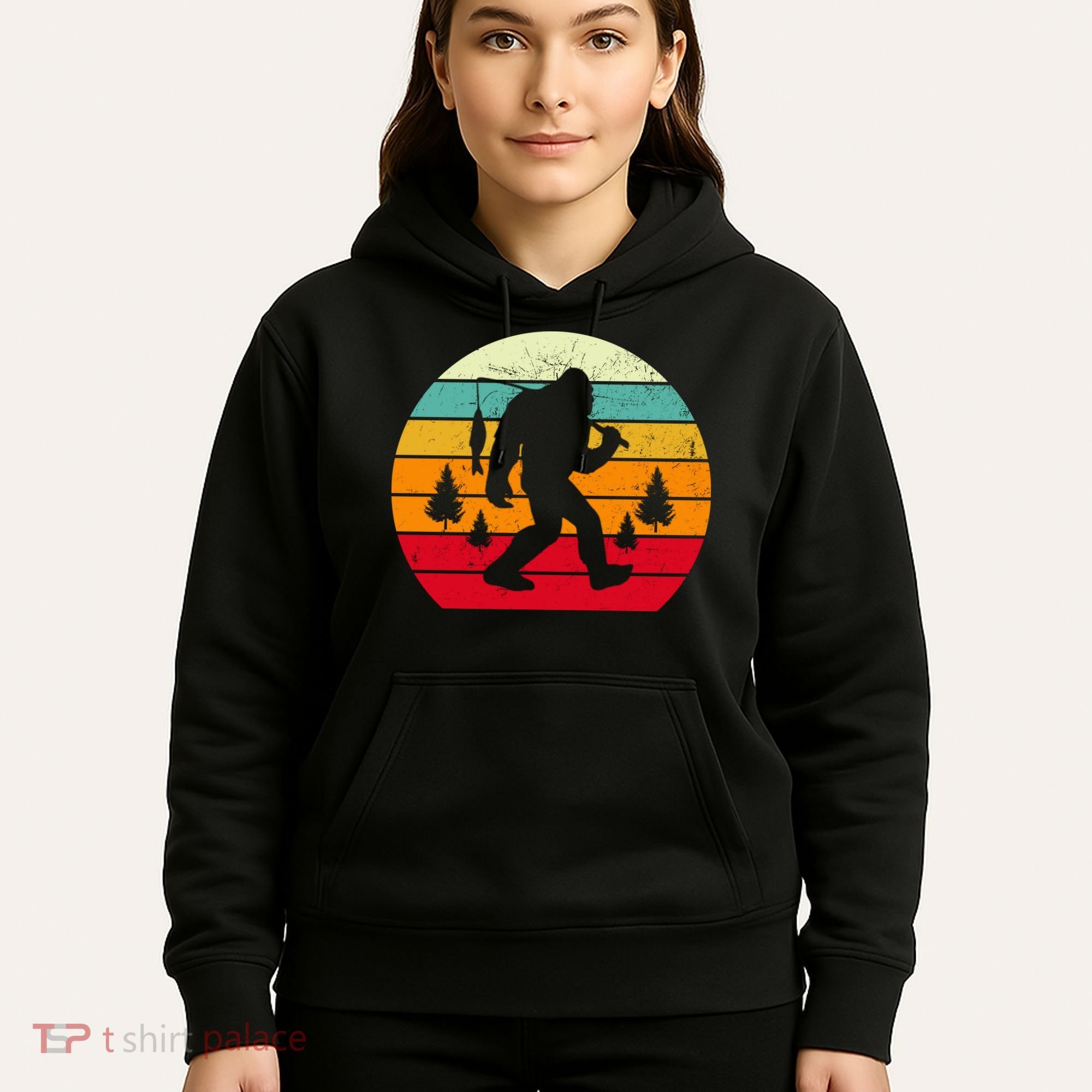 Bigfoot Fishing Retro Sunset Hoodie