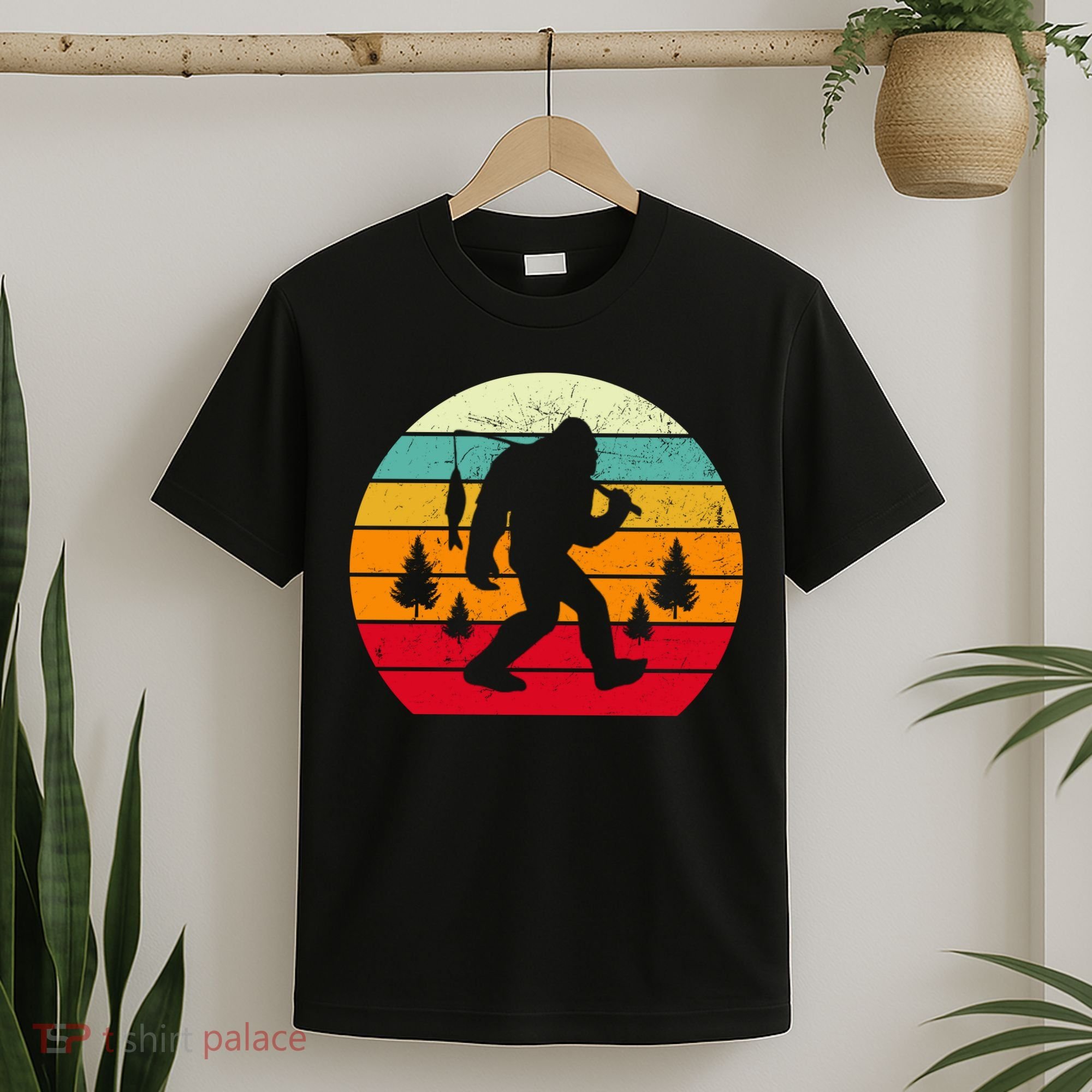 Bigfoot Fishing Retro Sunset T-Shirt