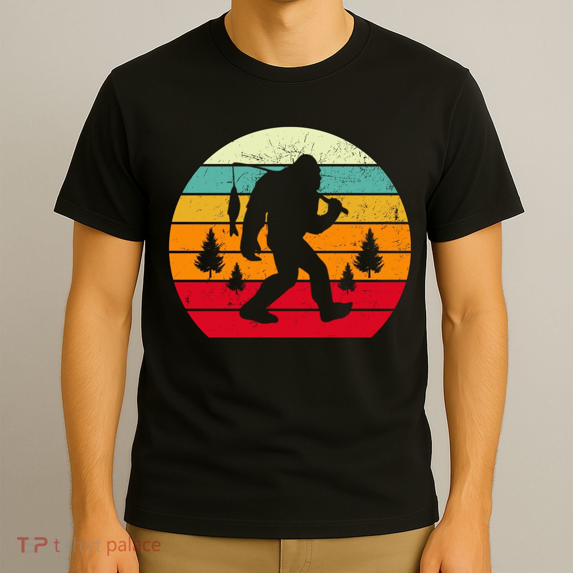 Bigfoot Fishing Retro Sunset T-Shirt