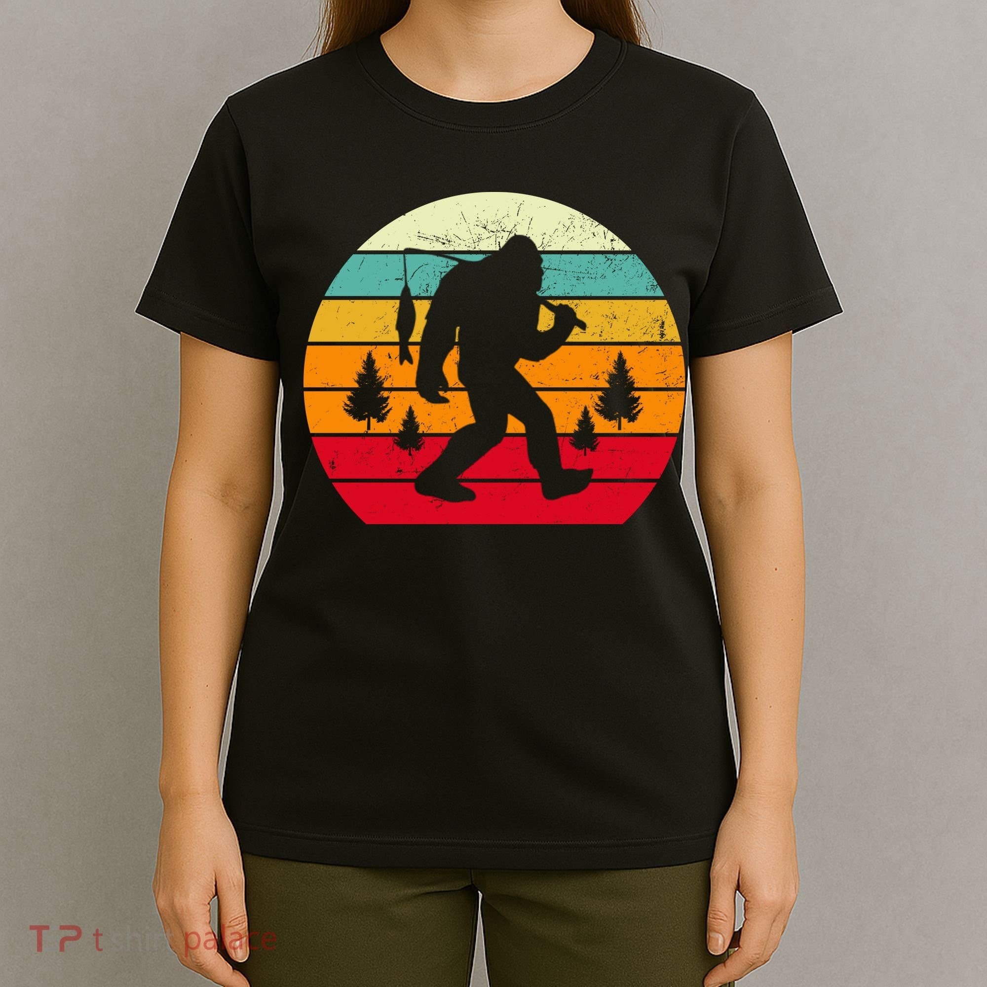 Bigfoot Fishing Retro Sunset T-Shirt