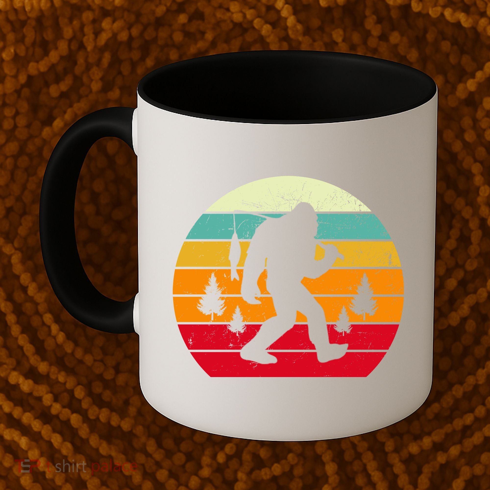 Bigfoot Fishing Retro Sunset Coffee Mug