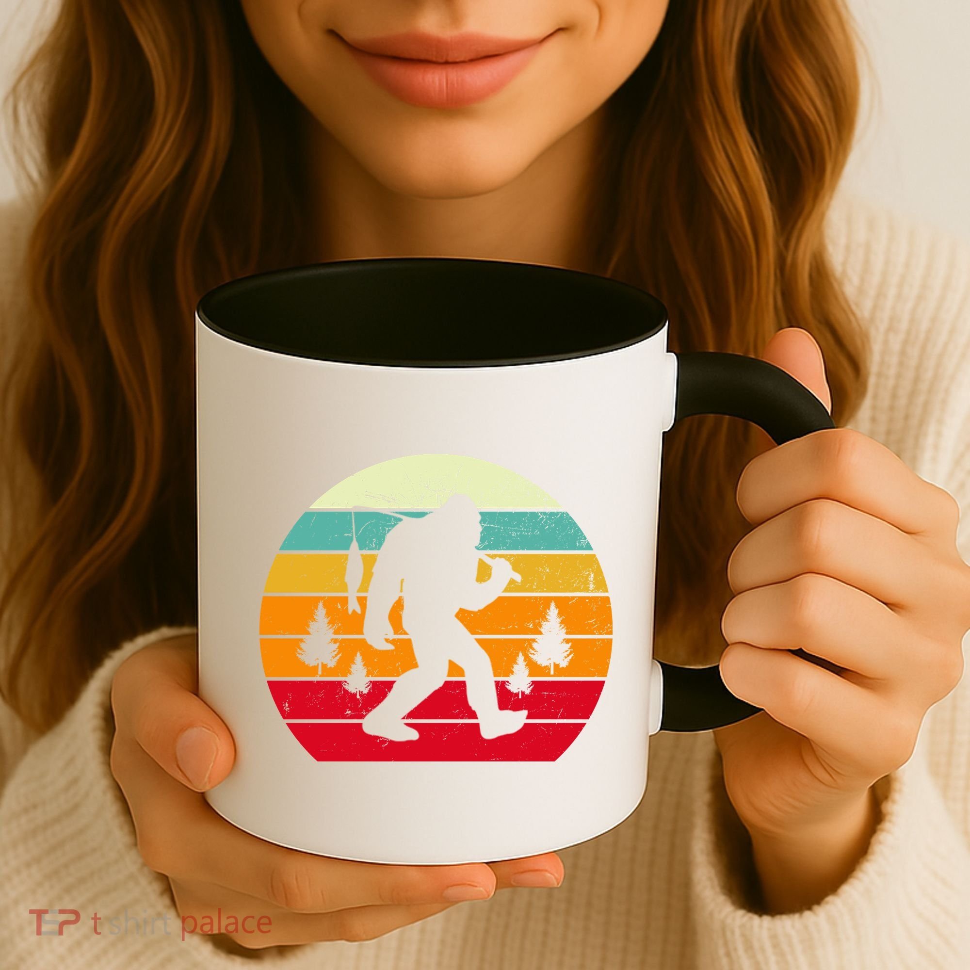 Bigfoot Fishing Retro Sunset Coffee Mug