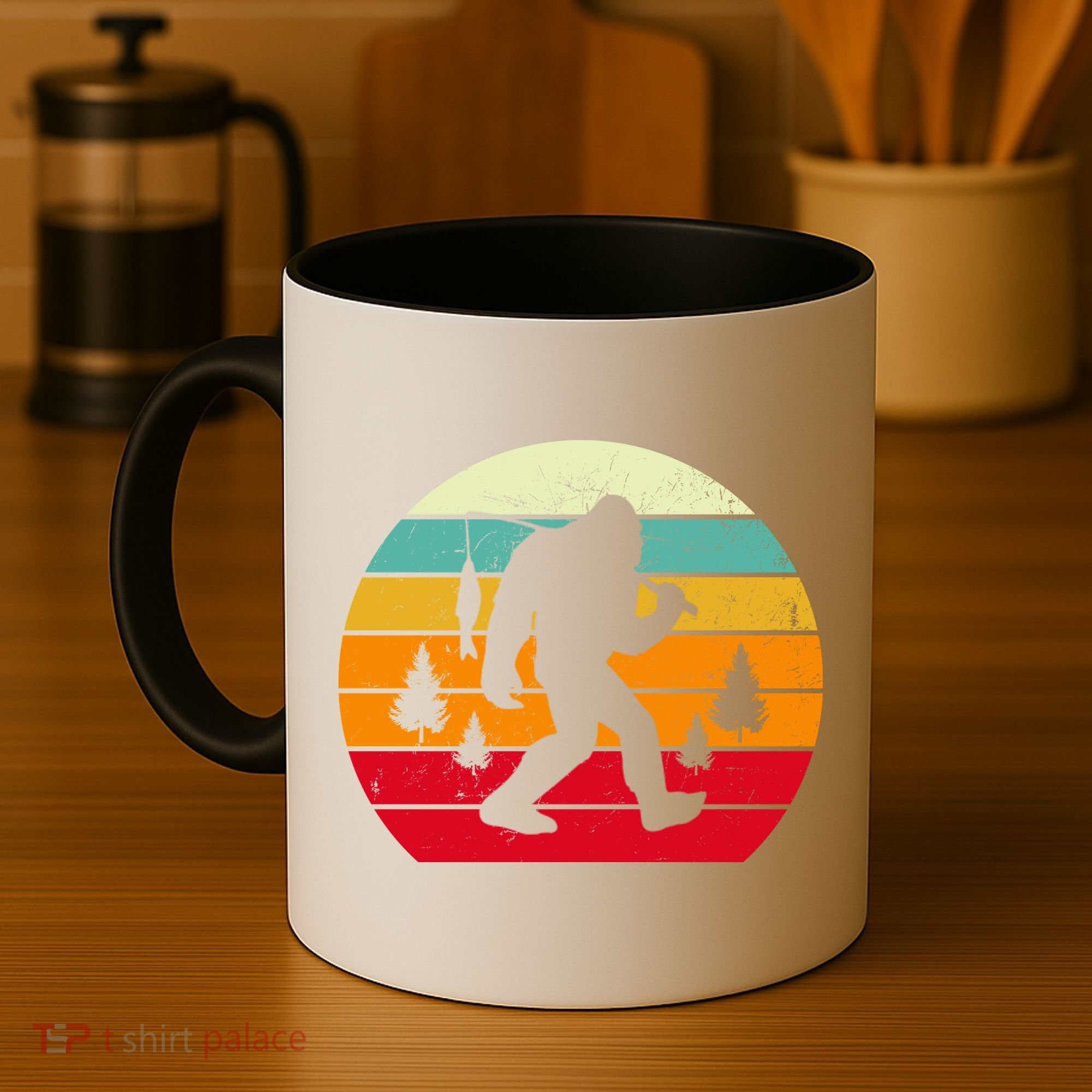 Bigfoot Fishing Retro Sunset Coffee Mug