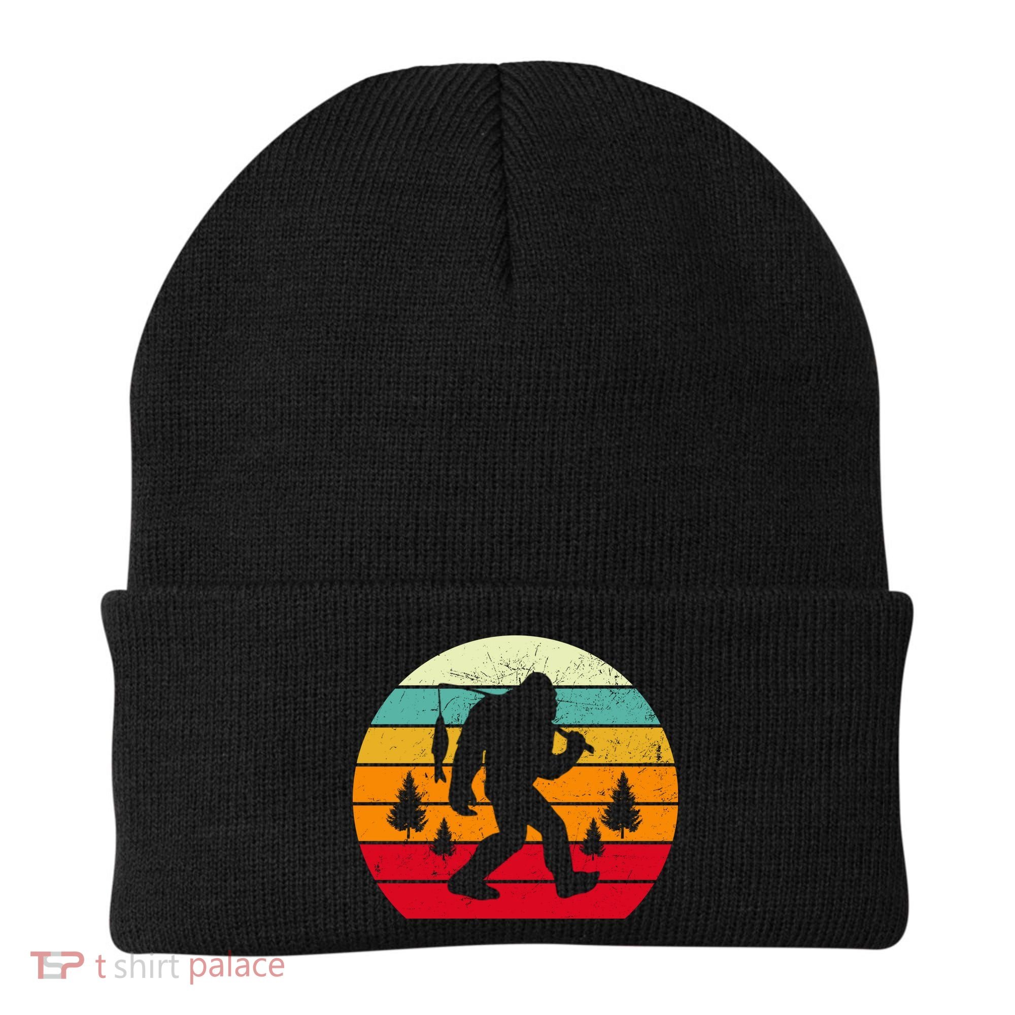 Bigfoot Fishing Retro Sunset Beanie