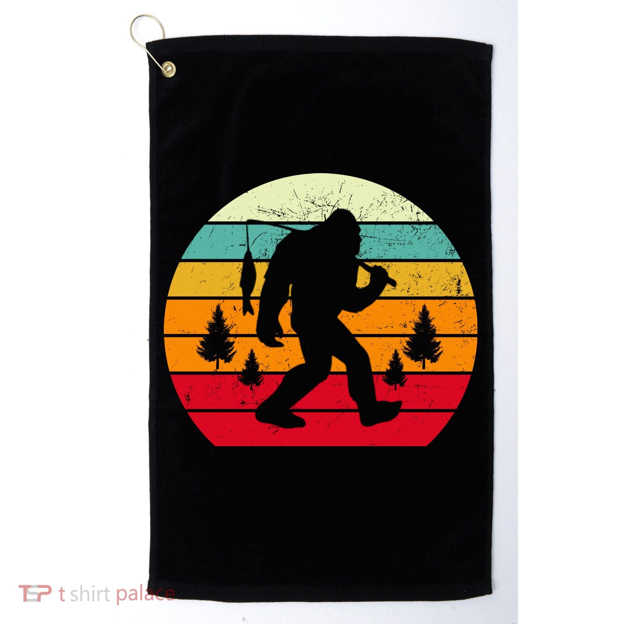 Bigfoot Fishing Retro Sunset Golf Towel