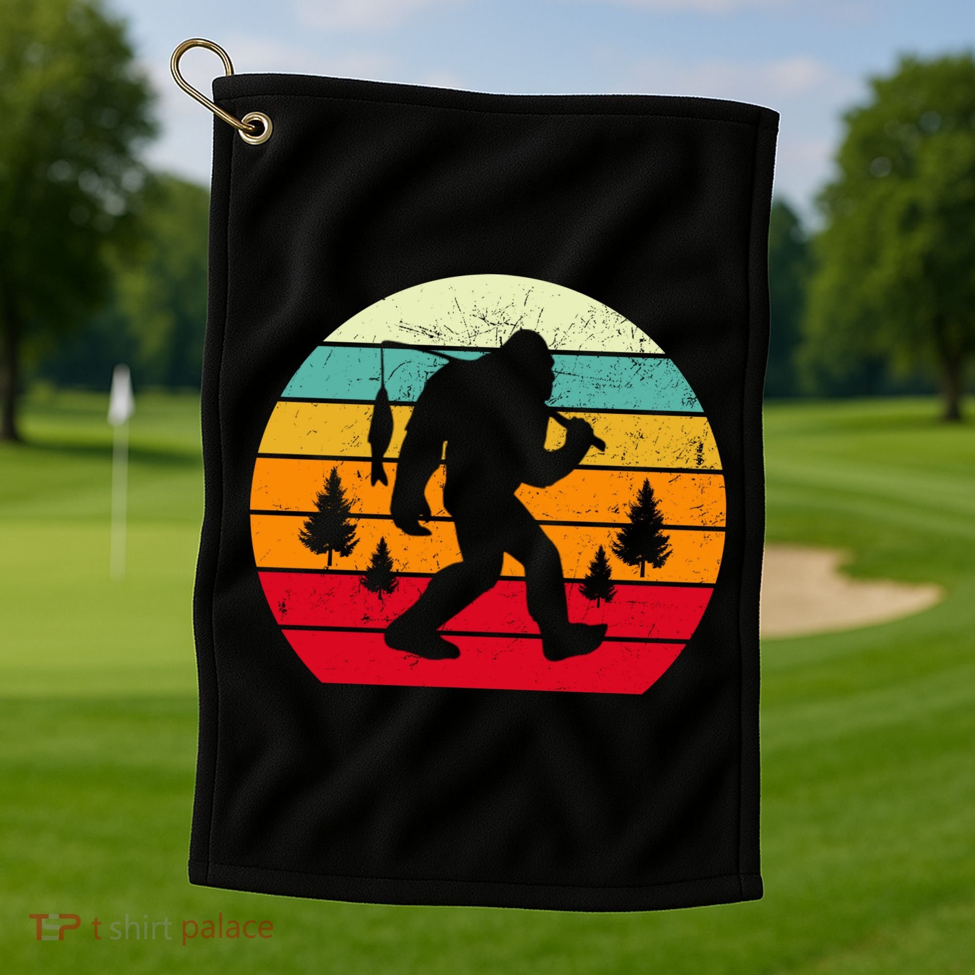 Bigfoot Fishing Retro Sunset Golf Towel