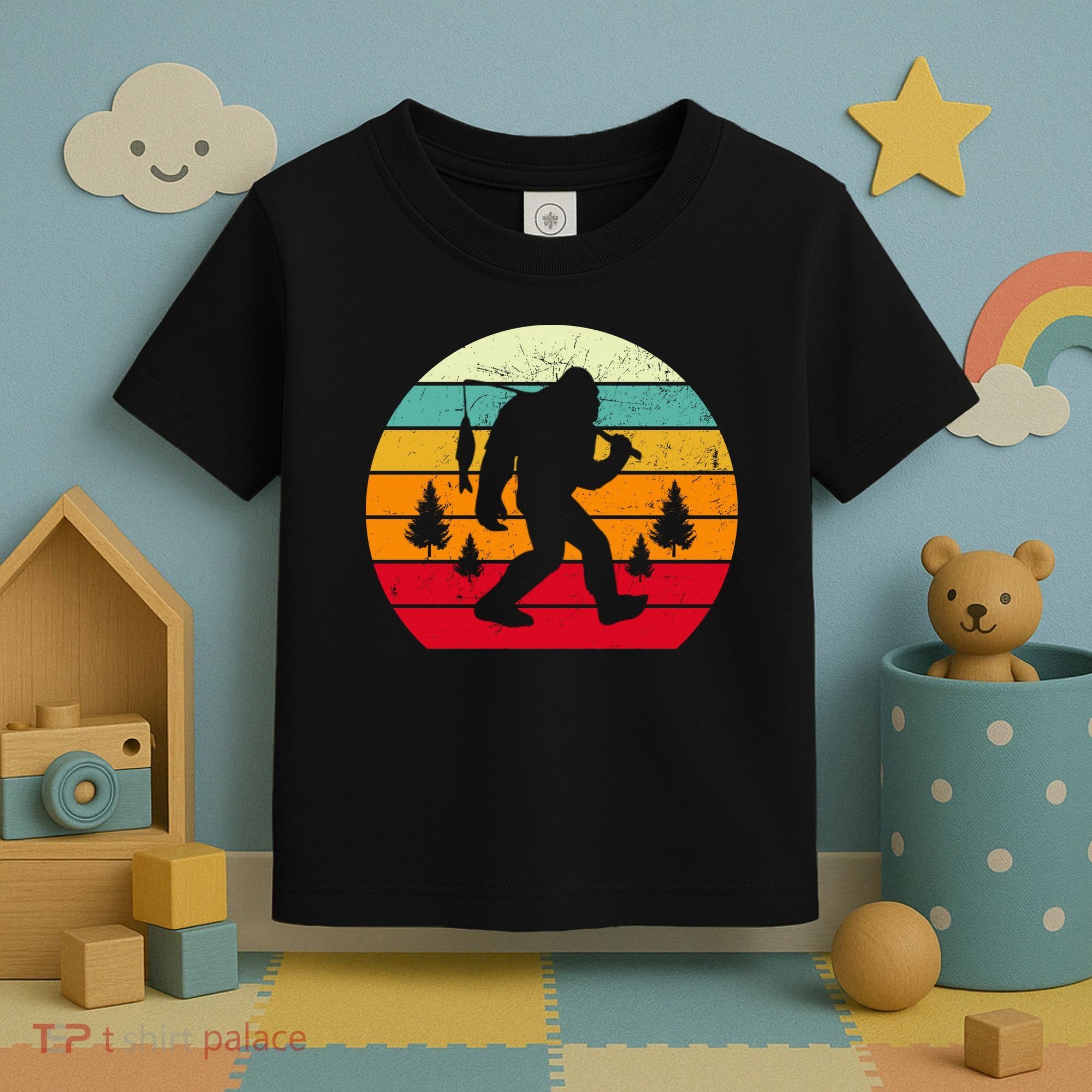 Bigfoot Fishing Retro Sunset Toddler T-Shirt