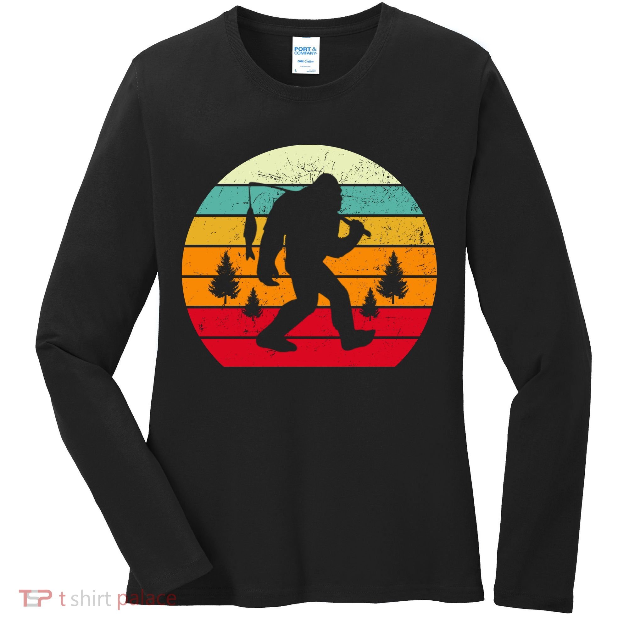 Bigfoot Fishing Retro Sunset Women's Long Sleeve Shirt