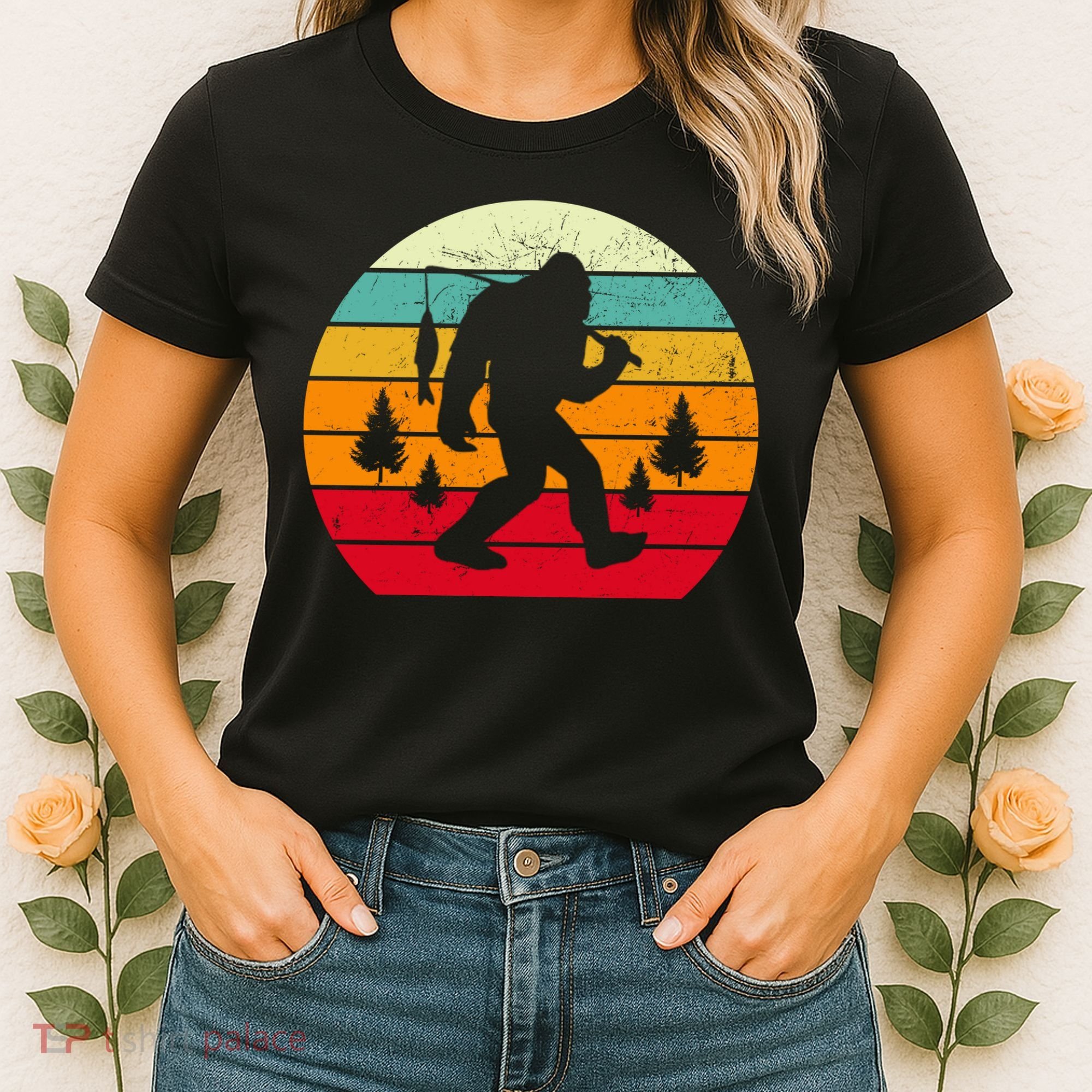 Bigfoot Fishing Retro Sunset Women's T-Shirt