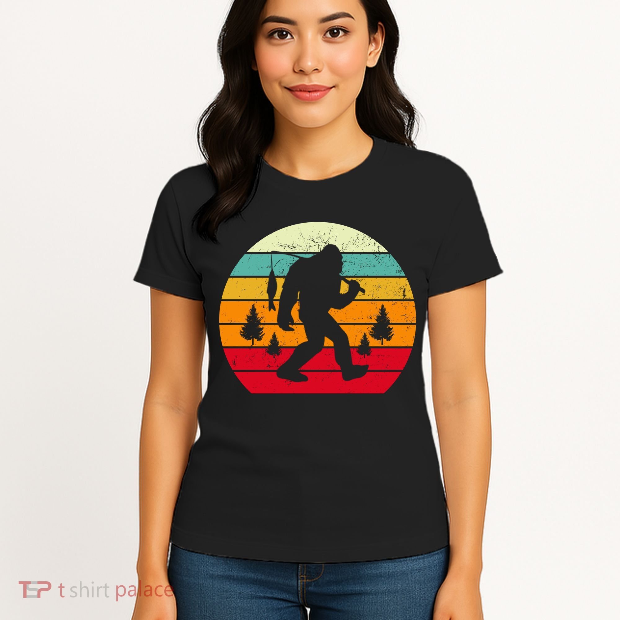 Bigfoot Fishing Retro Sunset Women's T-Shirt
