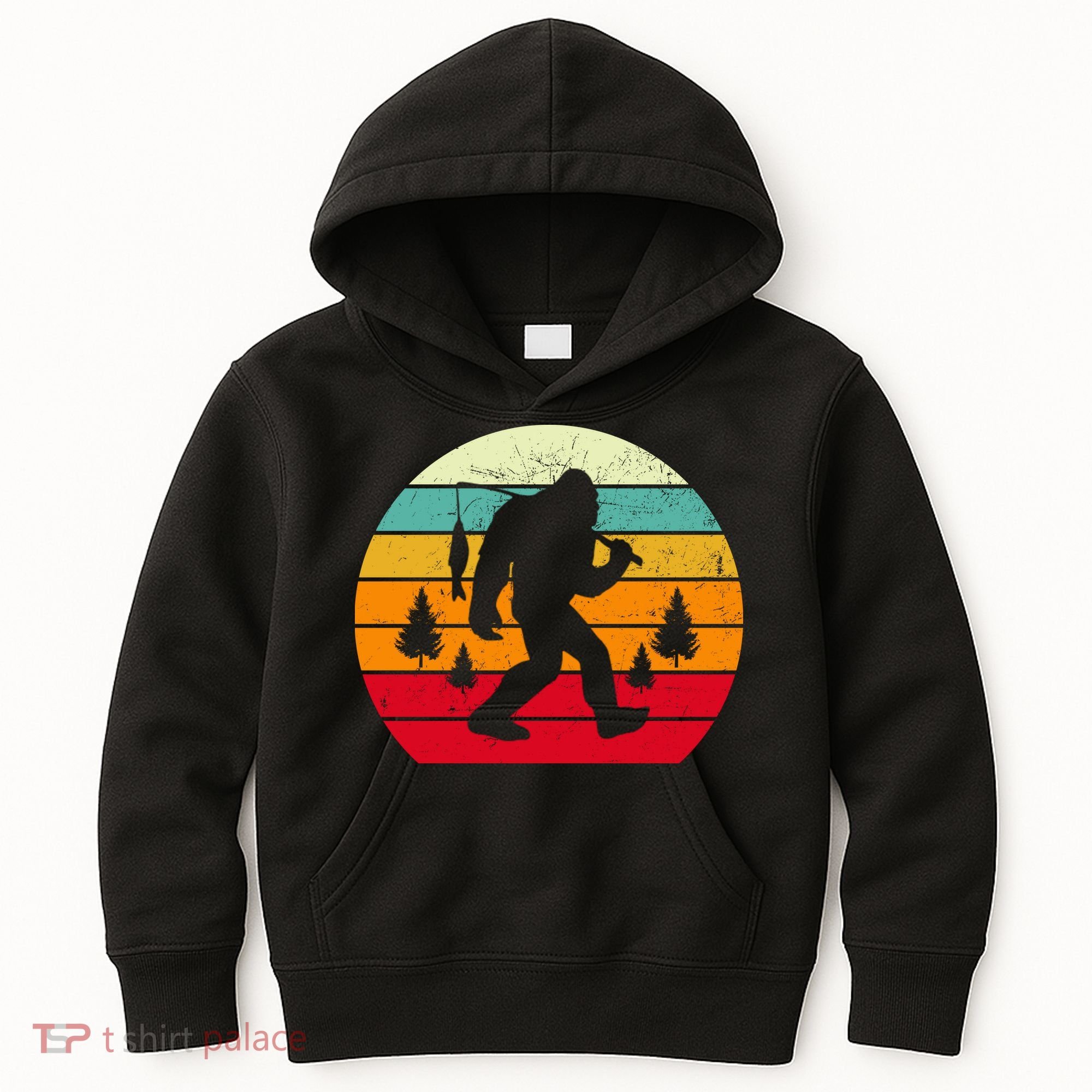 Bigfoot Fishing Retro Sunset Kids Hoodie