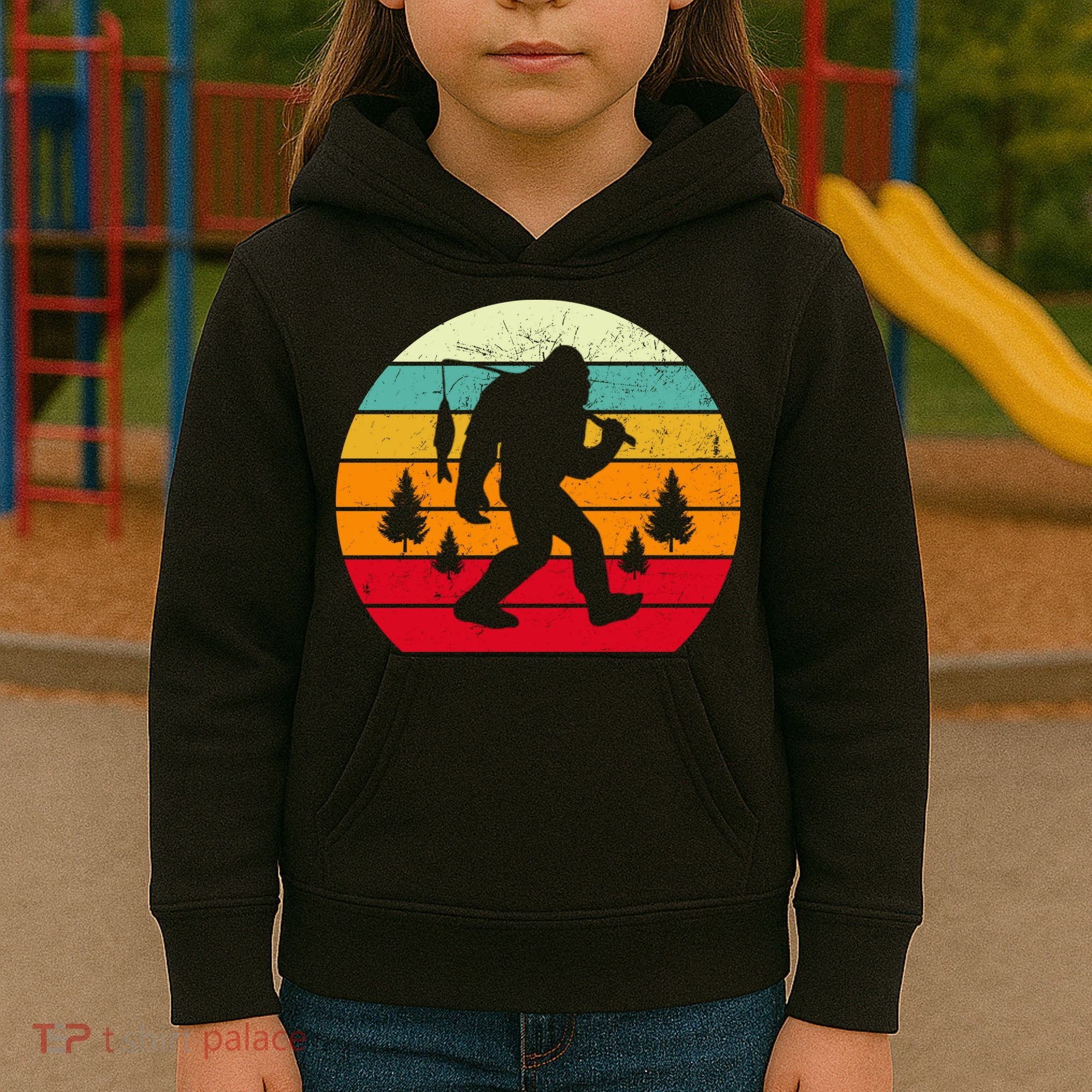 Bigfoot Fishing Retro Sunset Kids Hoodie