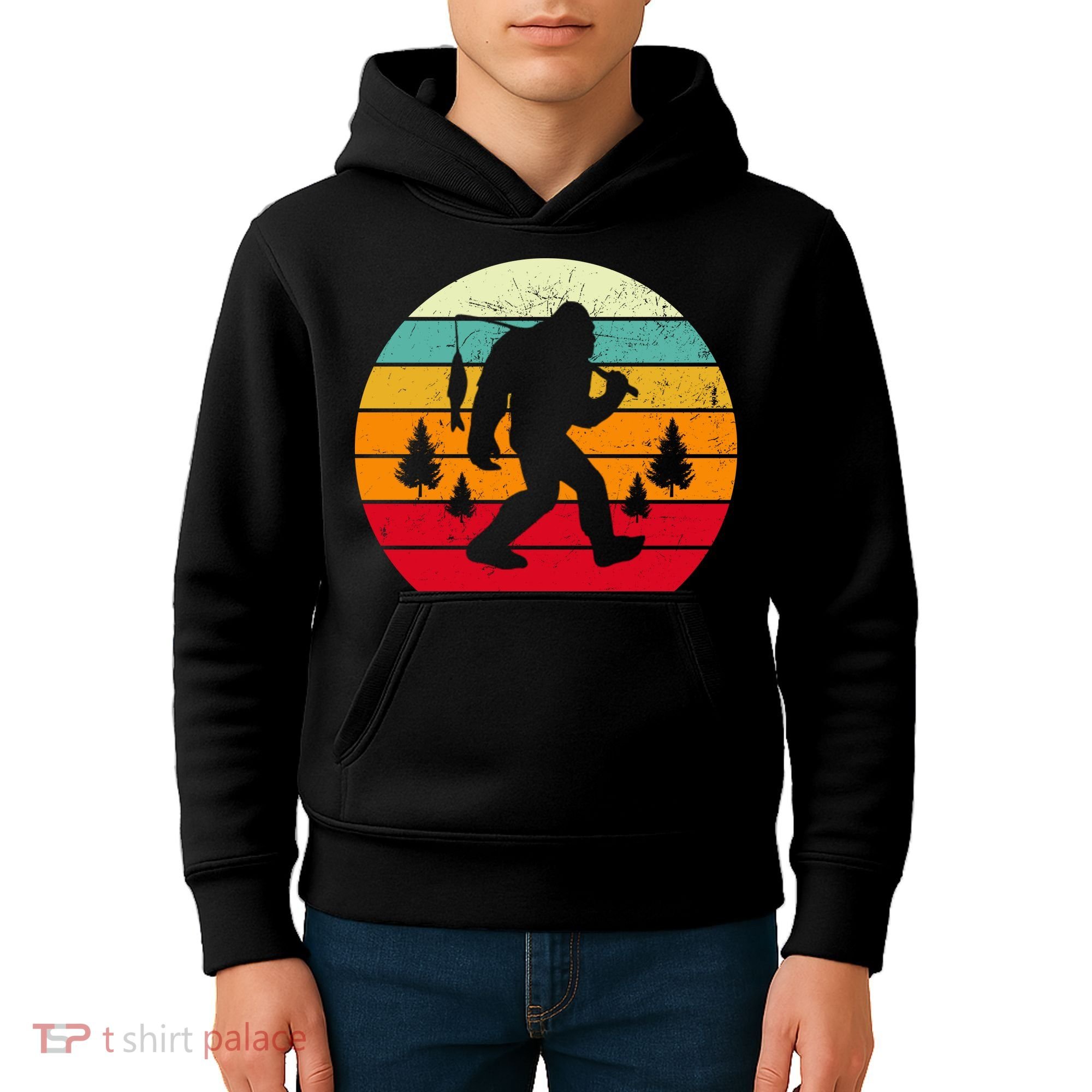 Bigfoot Fishing Retro Sunset Kids Hoodie