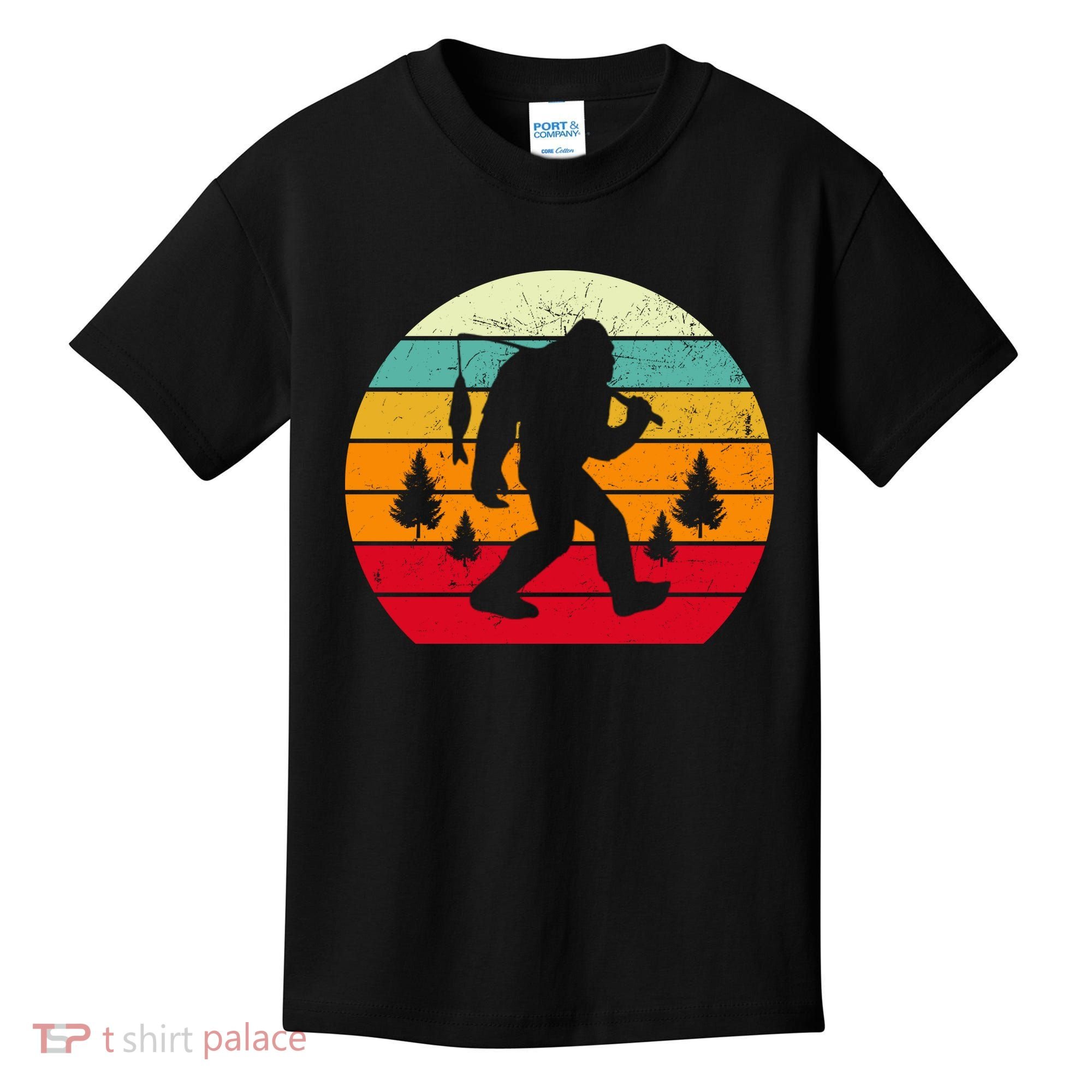 Bigfoot Fishing Retro Sunset Kids T-Shirt