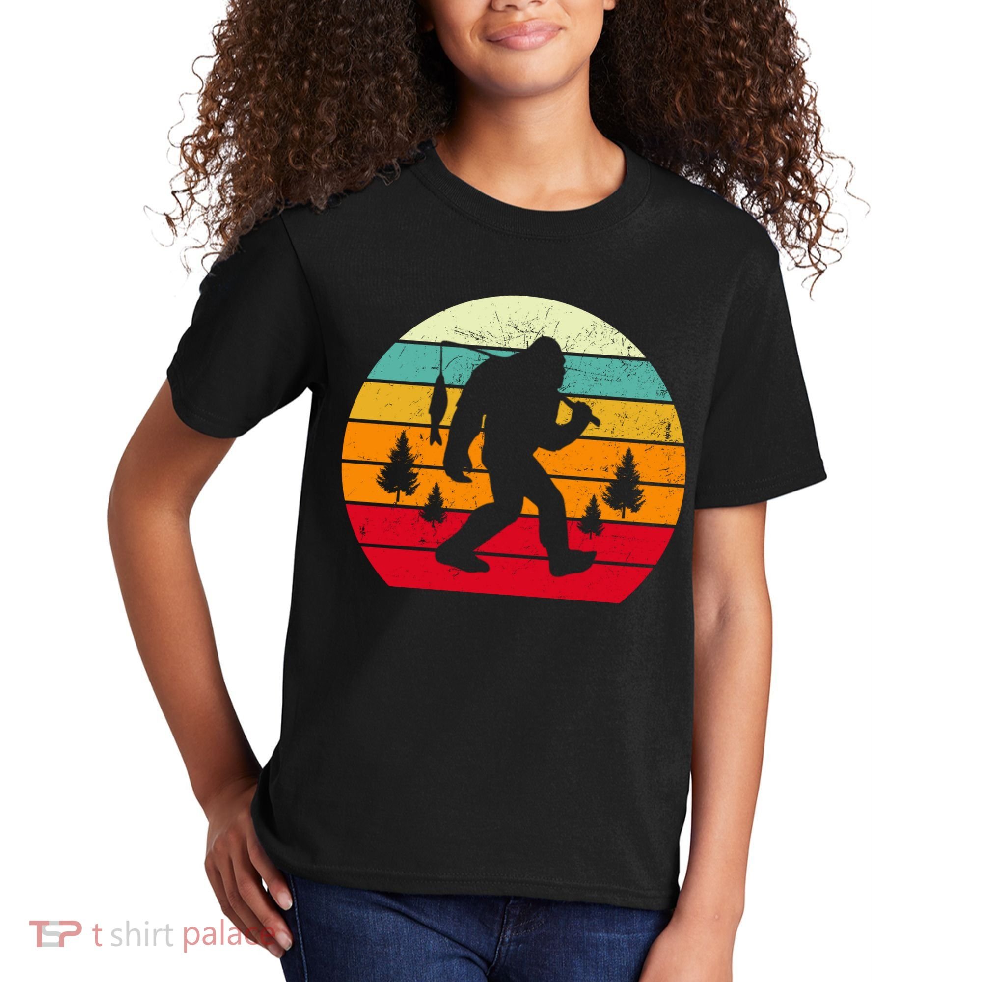 Bigfoot Fishing Retro Sunset Kids T-Shirt