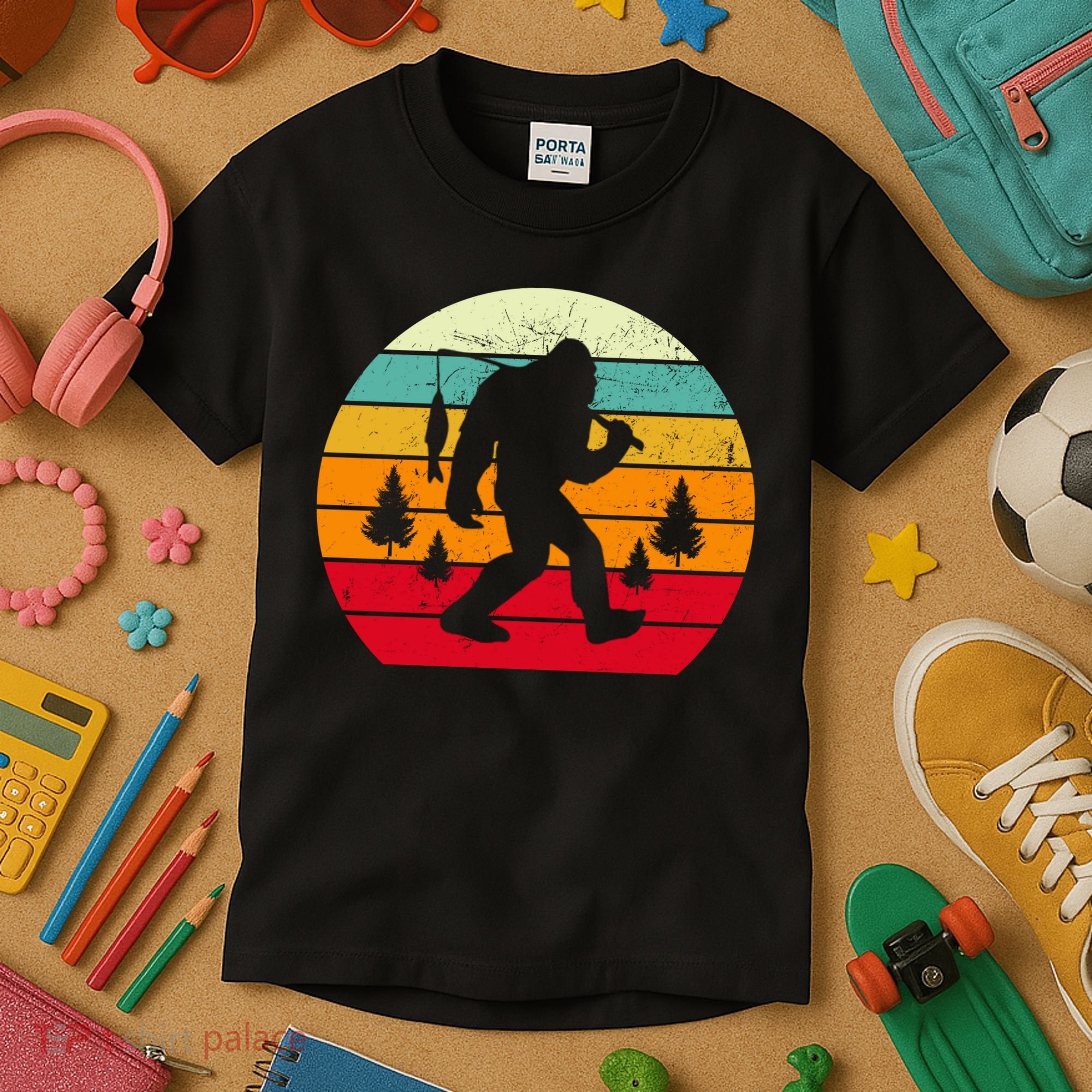 Bigfoot Fishing Retro Sunset Kids T-Shirt
