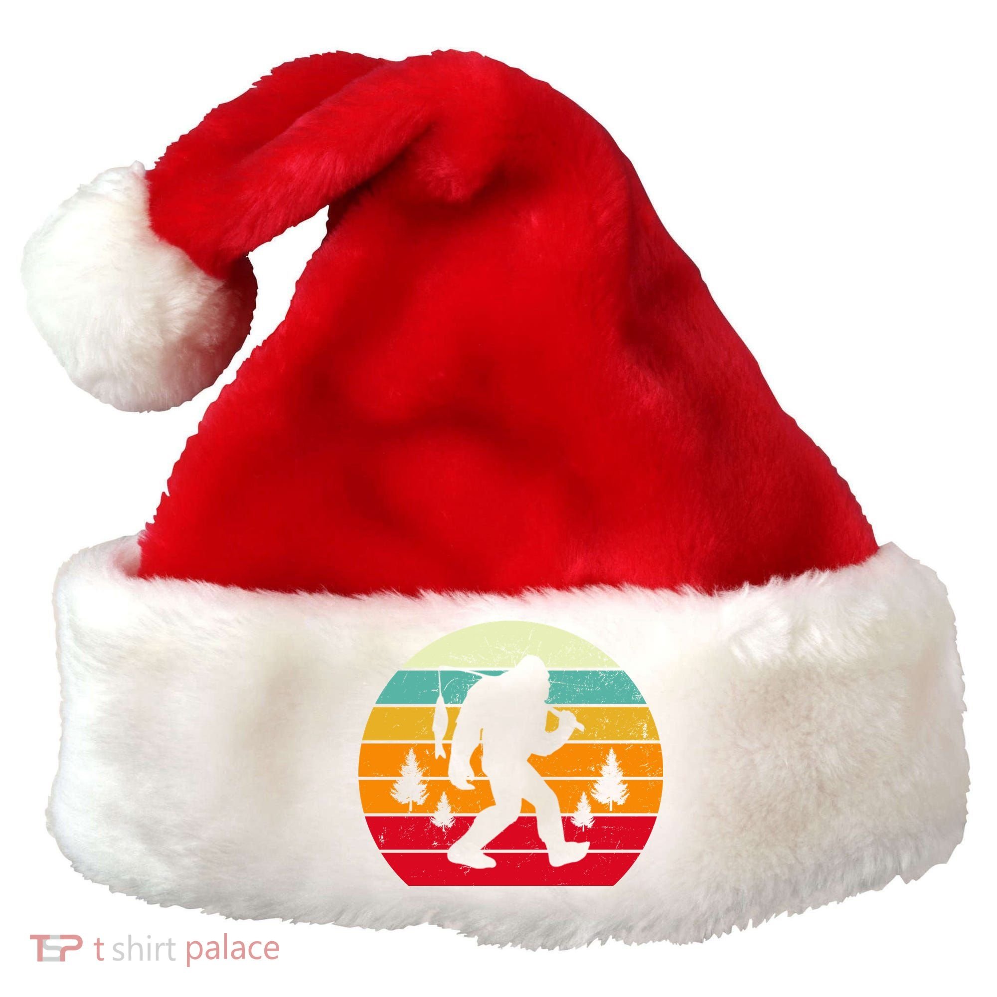 Bigfoot Fishing Retro Sunset Santa Hat