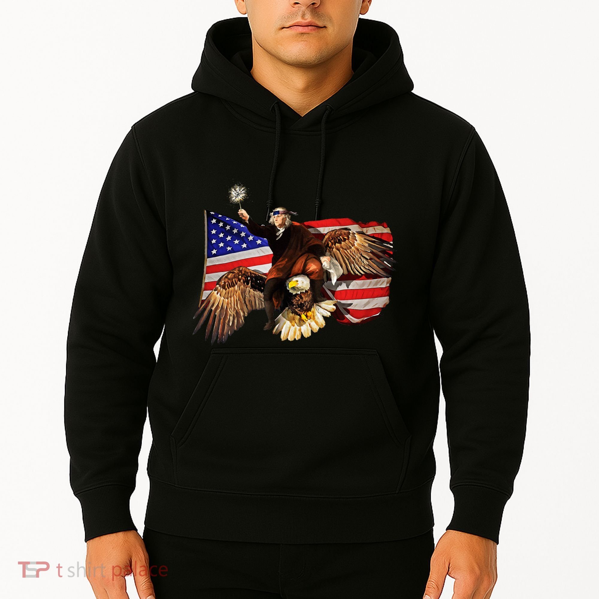 Ben Franklin Riding Eagle Funny July 4th American Flag Hoodie