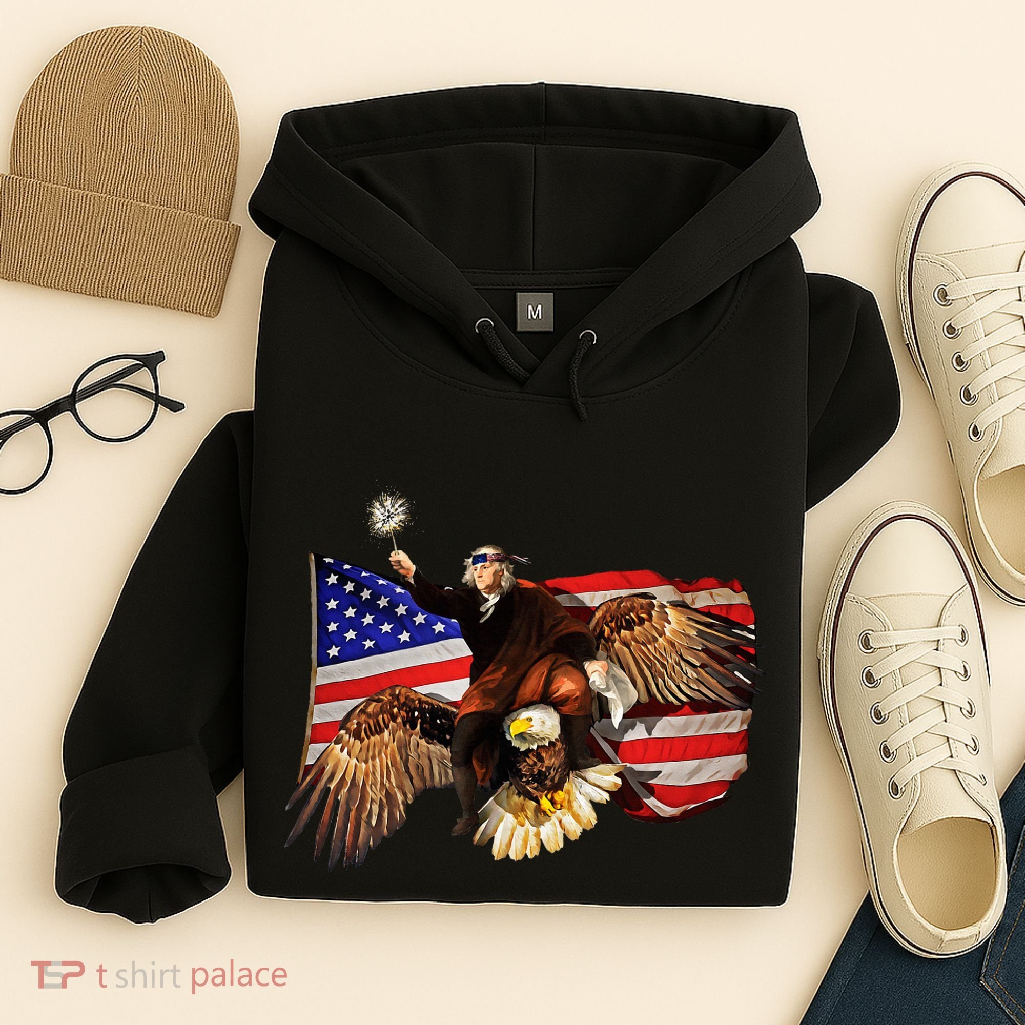 Ben Franklin Riding Eagle Funny July 4th American Flag Hoodie