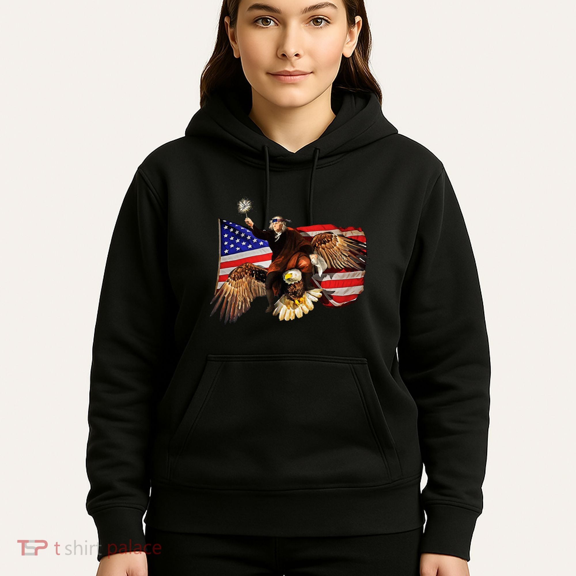 Ben Franklin Riding Eagle Funny July 4th American Flag Hoodie