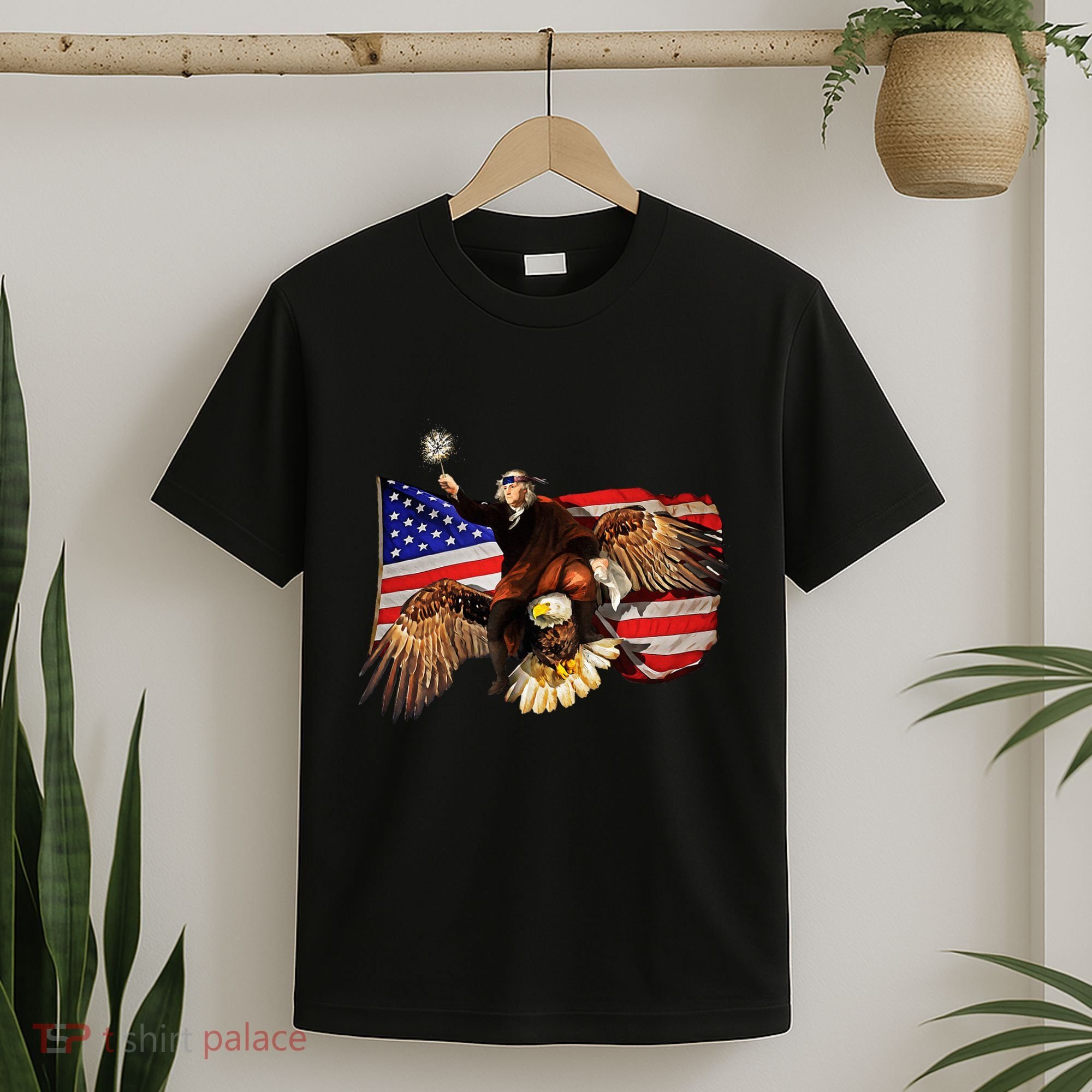 Ben Franklin Riding Eagle Funny July 4th American Flag T-Shirt
