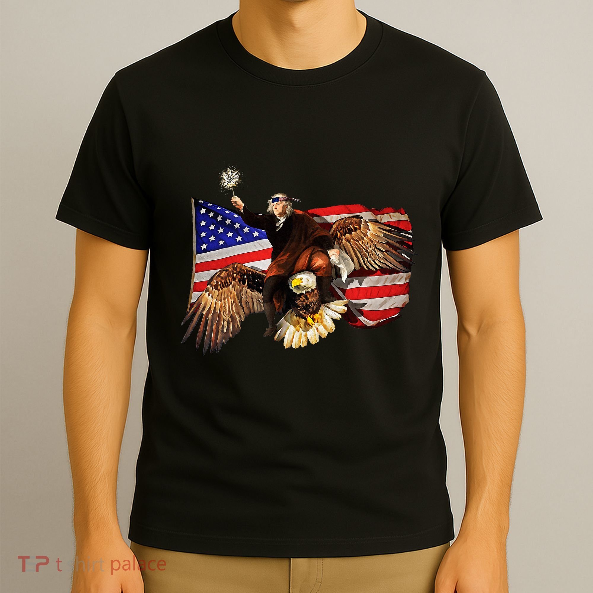 Ben Franklin Riding Eagle Funny July 4th American Flag T-Shirt