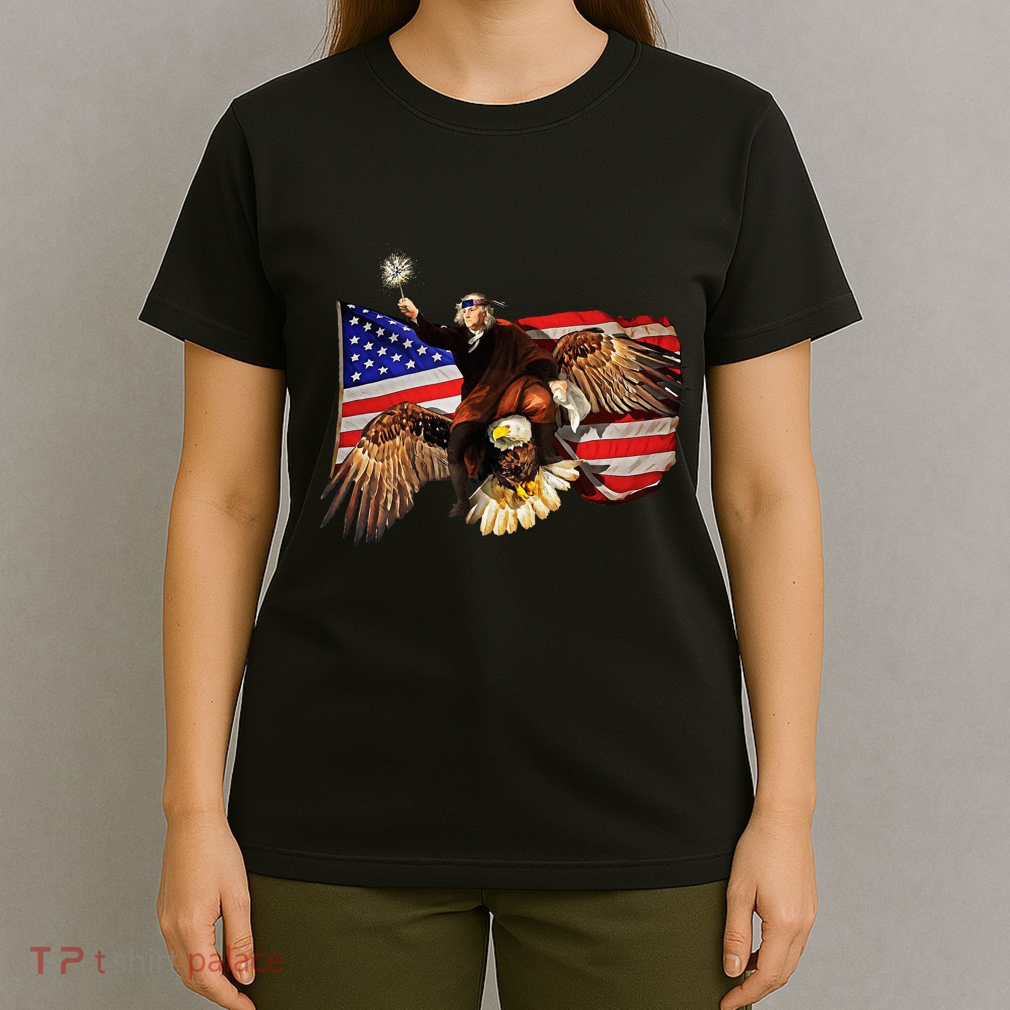 Ben Franklin Riding Eagle Funny July 4th American Flag T-Shirt