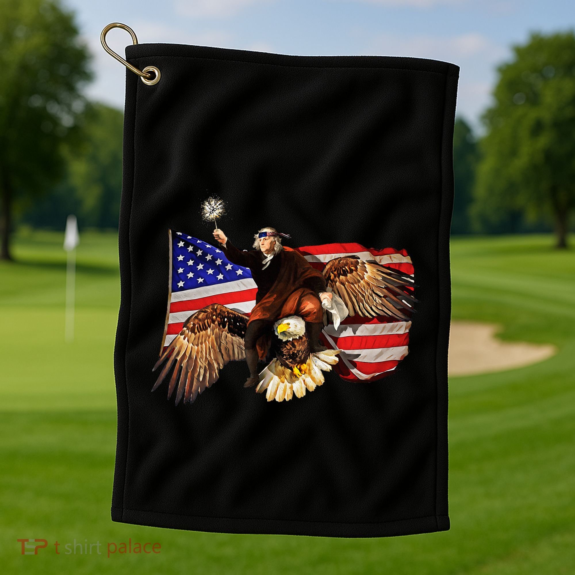 Ben Franklin Riding Eagle Funny July 4th American Flag Golf Towel
