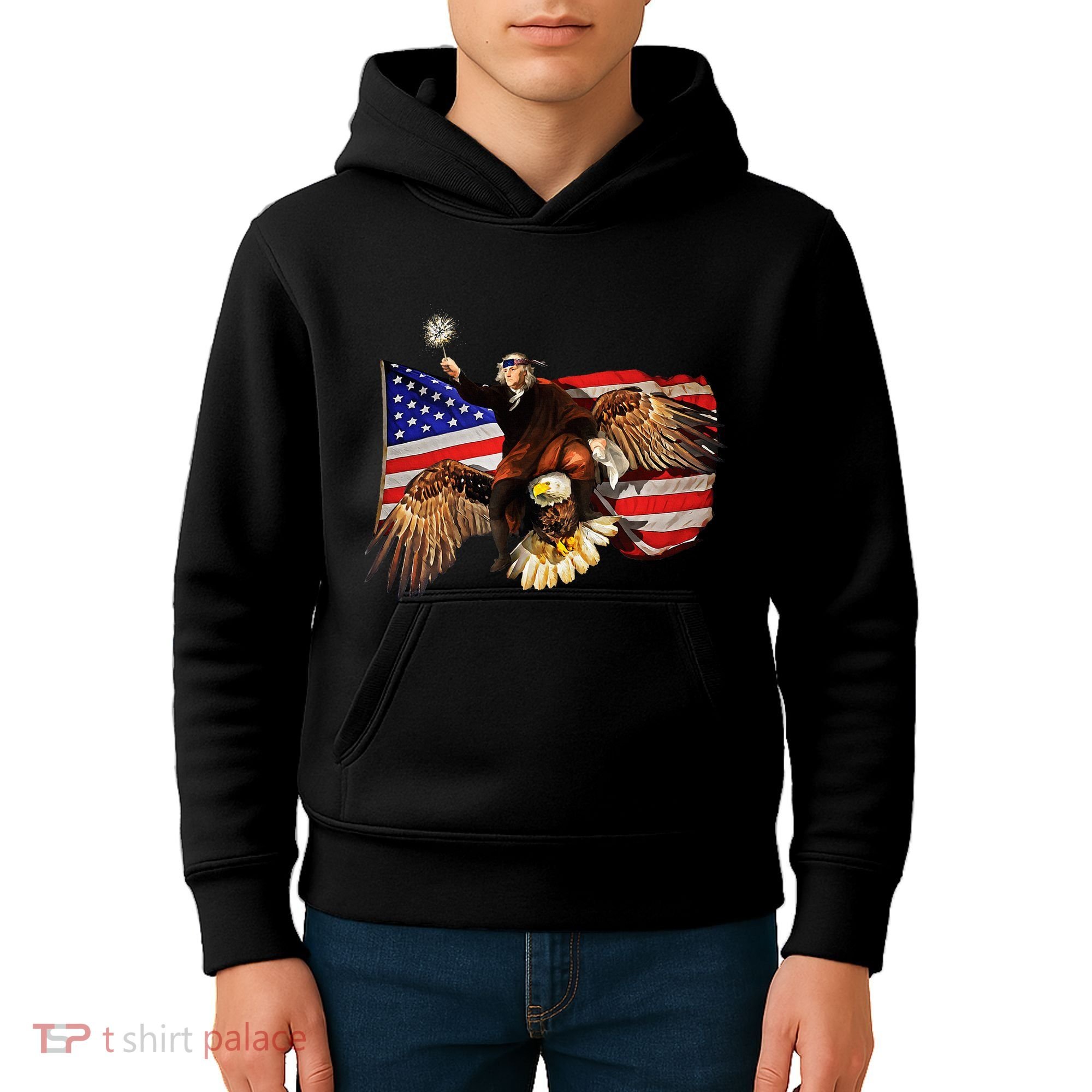 Ben Franklin Riding Eagle Funny July 4th American Flag Kids Hoodie