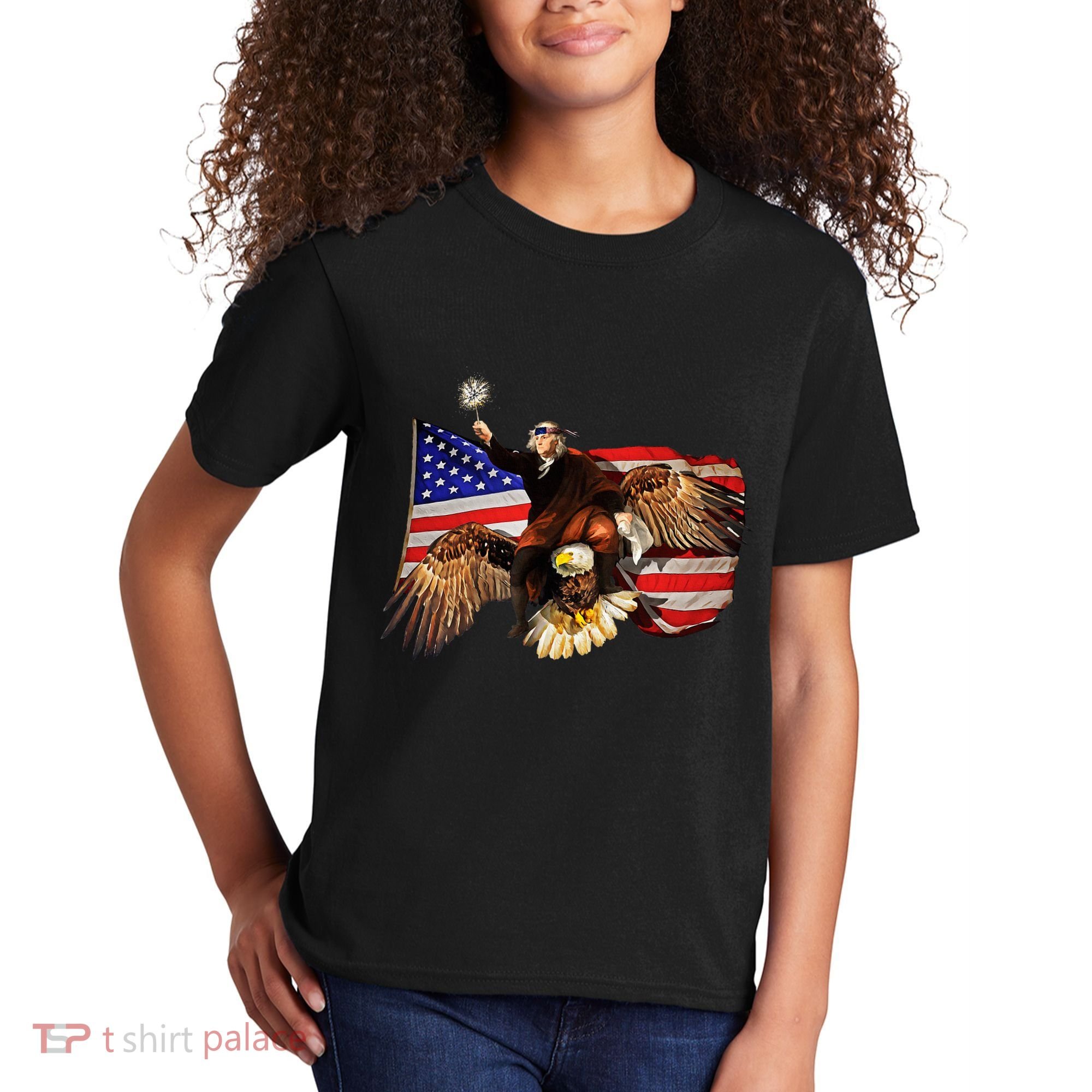 Ben Franklin Riding Eagle Funny July 4th American Flag Kids T-Shirt