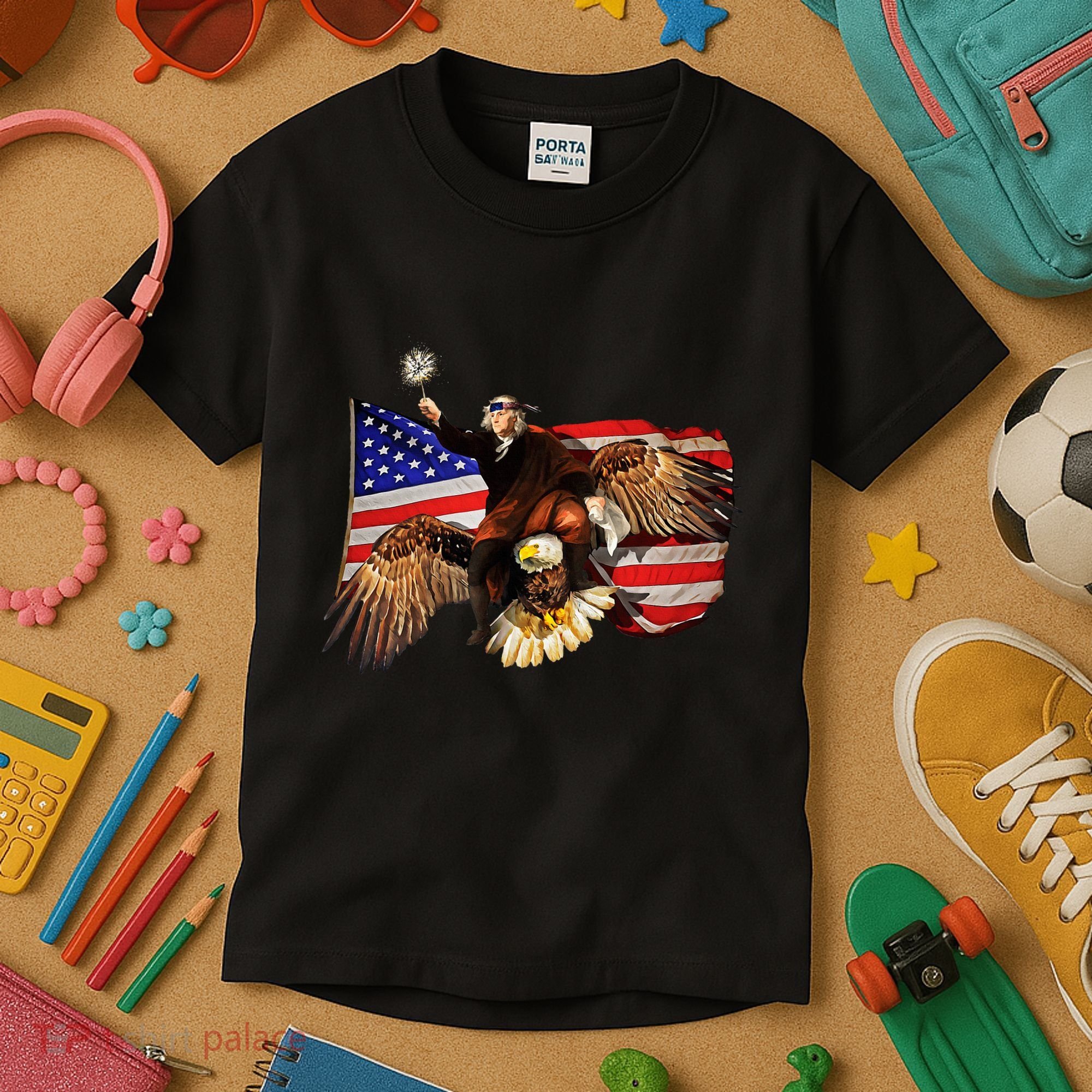Ben Franklin Riding Eagle Funny July 4th American Flag Kids T-Shirt