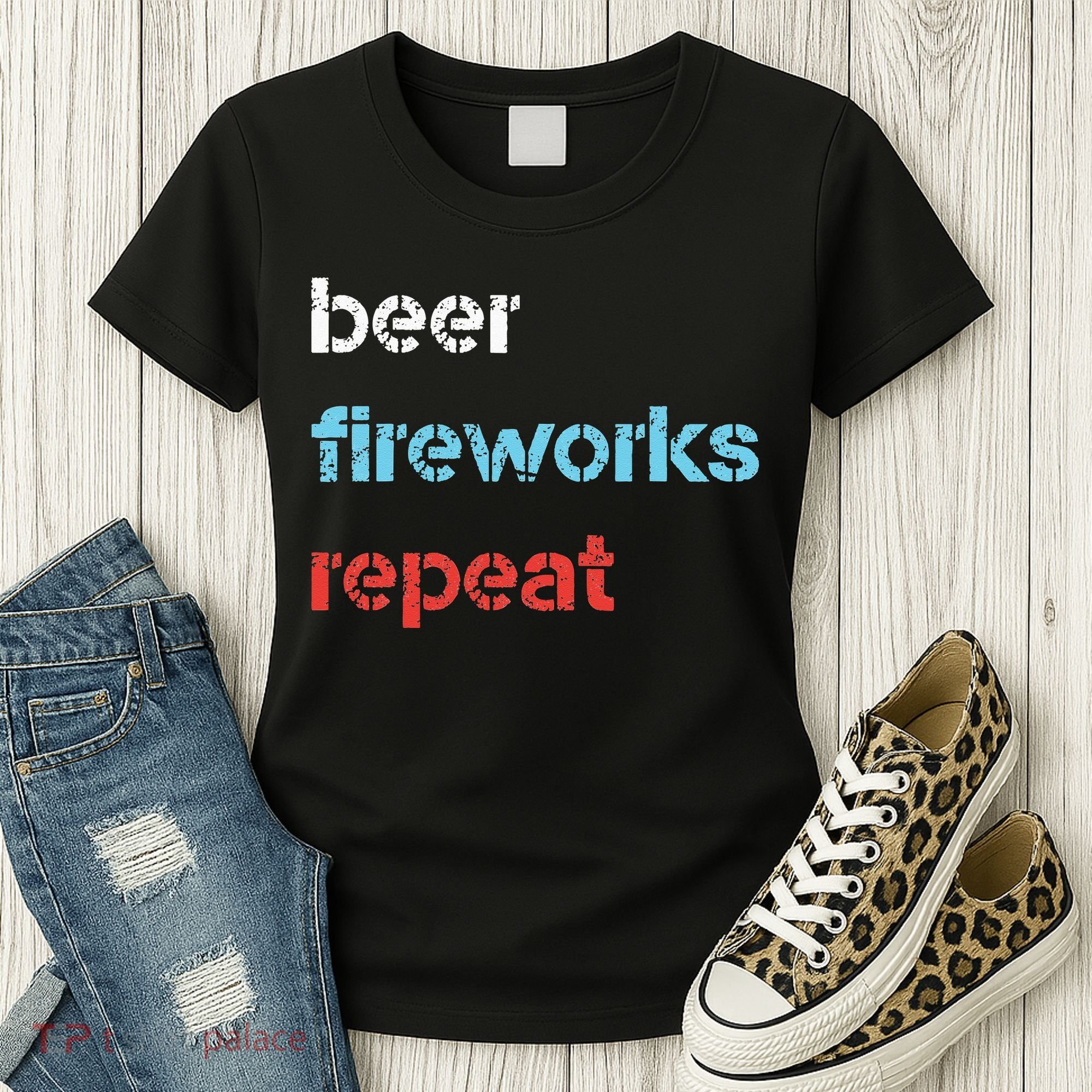 Beer Fireworks Repeat 4Th Of July Beer Drinking Women's T-Shirt