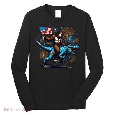 Bigfoot Fireworks Riding A Trex With Usa Flag Long Sleeve Shirt