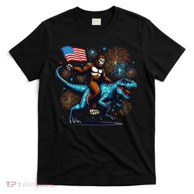 Bigfoot Fireworks Riding A Trex With Usa Flag T-Shirt