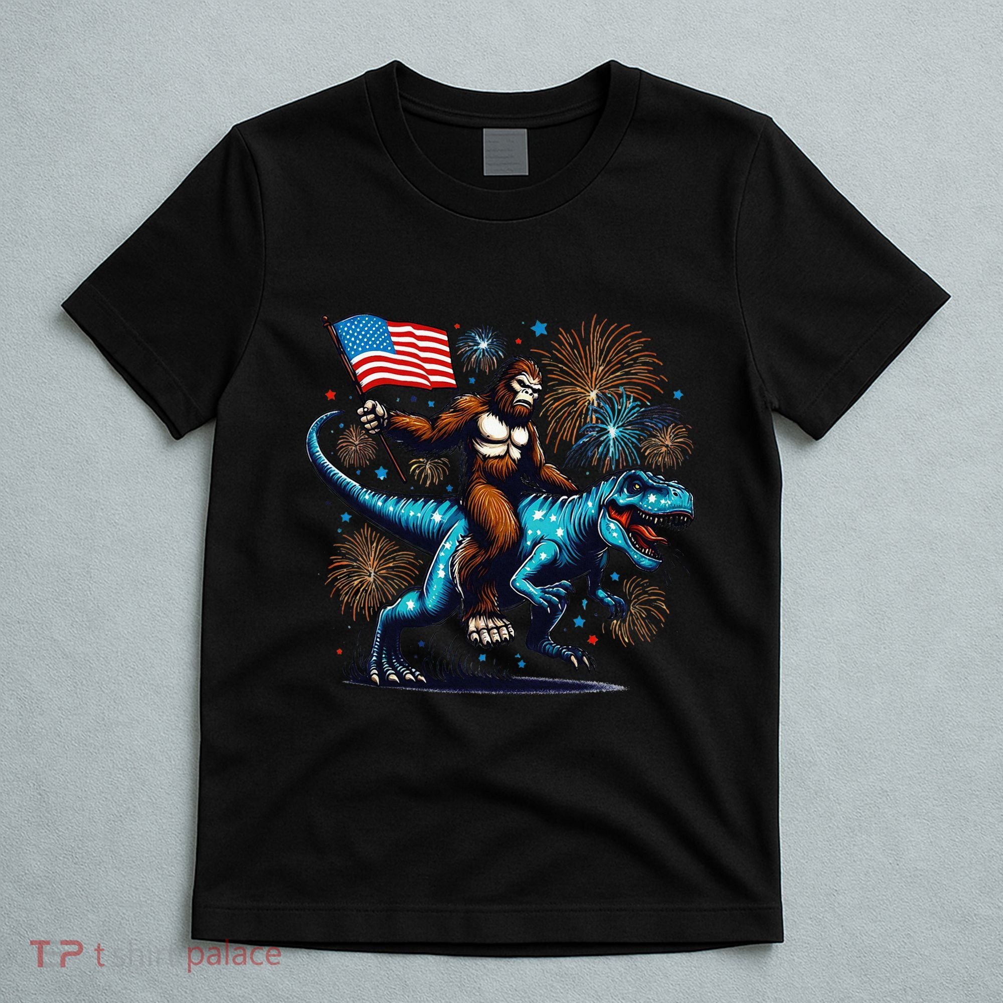 Bigfoot Fireworks Riding A Trex With Usa Flag T-Shirt