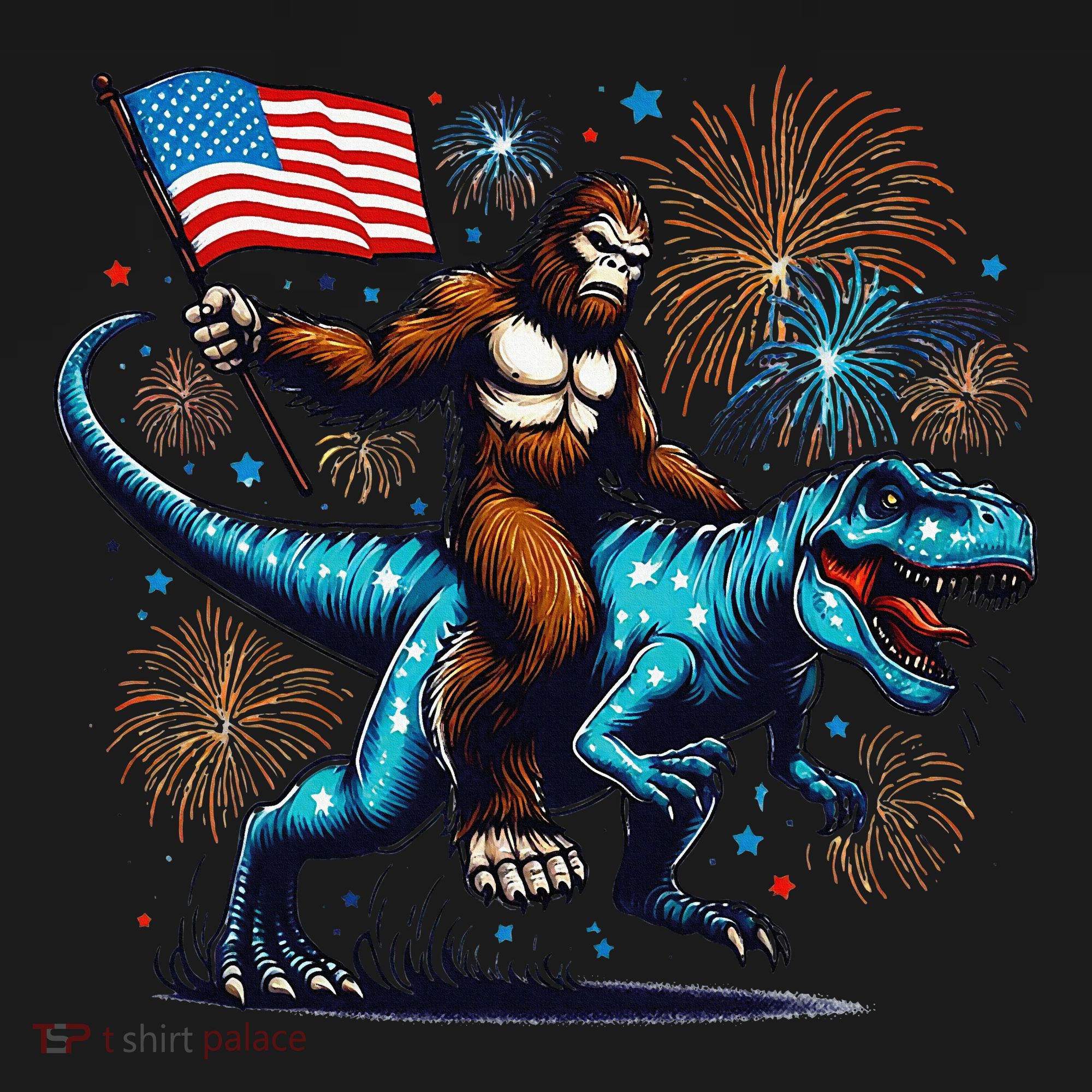 Bigfoot Fireworks Riding A Trex With Usa Flag T-Shirt