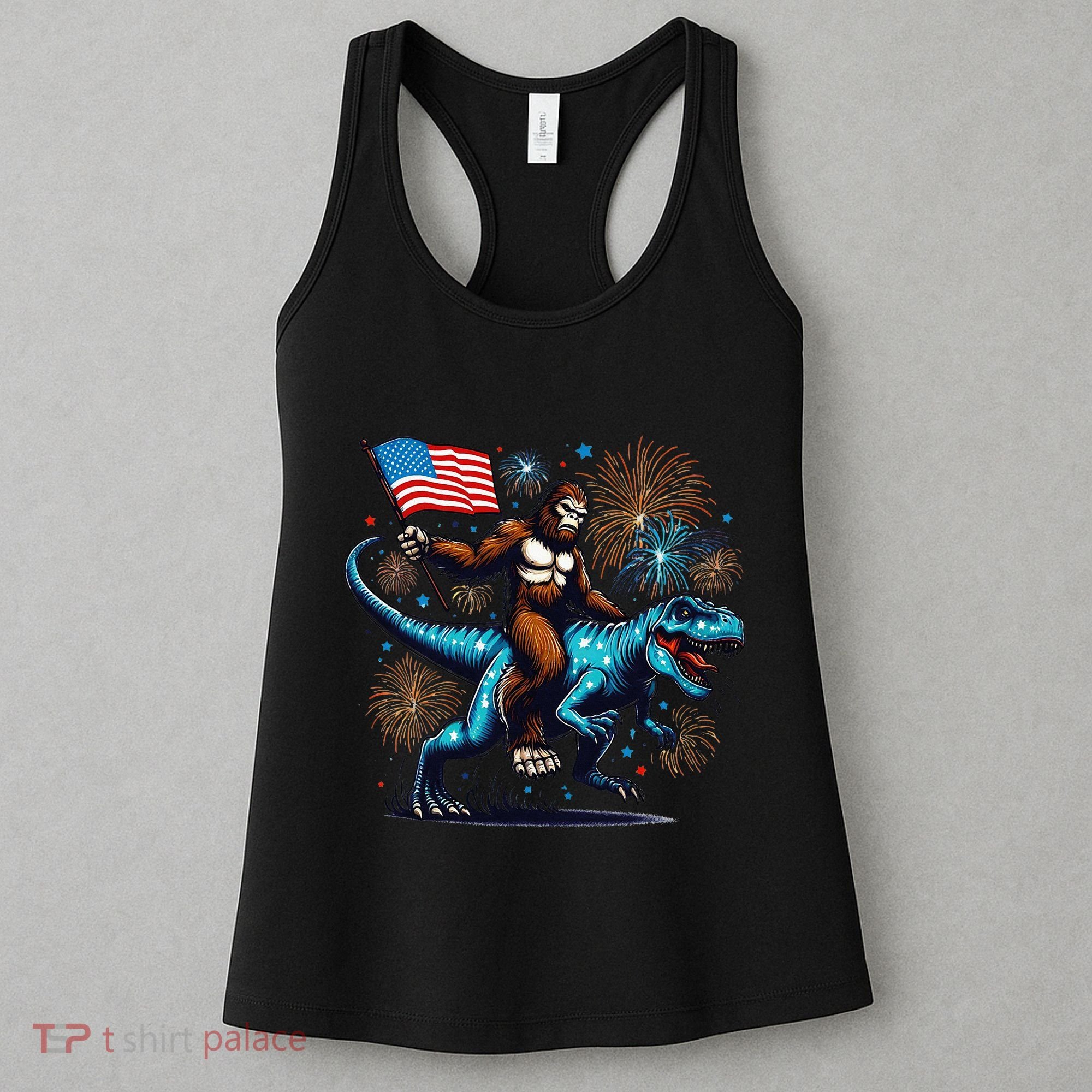 Bigfoot Fireworks Riding A Trex With Usa Flag Women's Tank Top