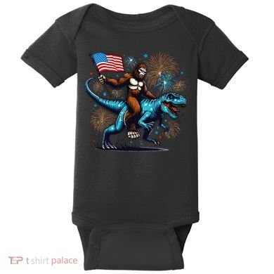 Bigfoot Fireworks Riding A Trex With Usa Flag Baby Bodysuit