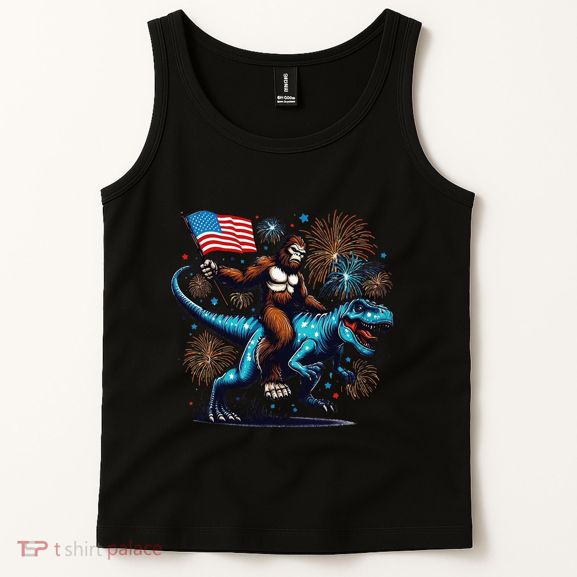 Bigfoot Fireworks Riding A Trex With Usa Flag Tank Top