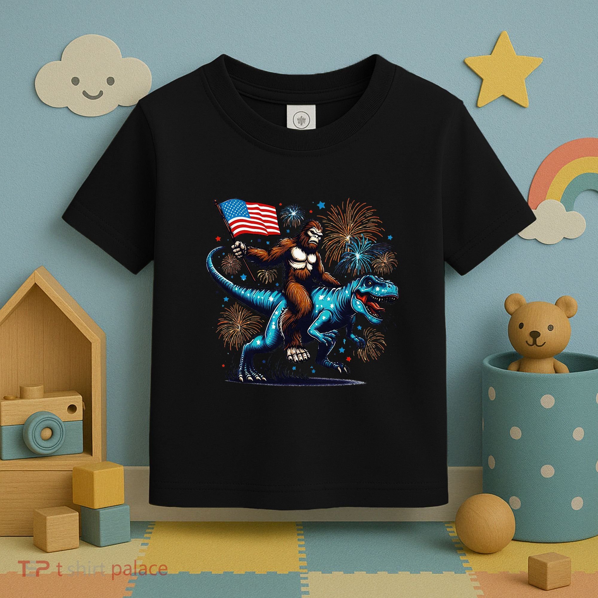 Bigfoot Fireworks Riding A Trex With Usa Flag Toddler T-Shirt