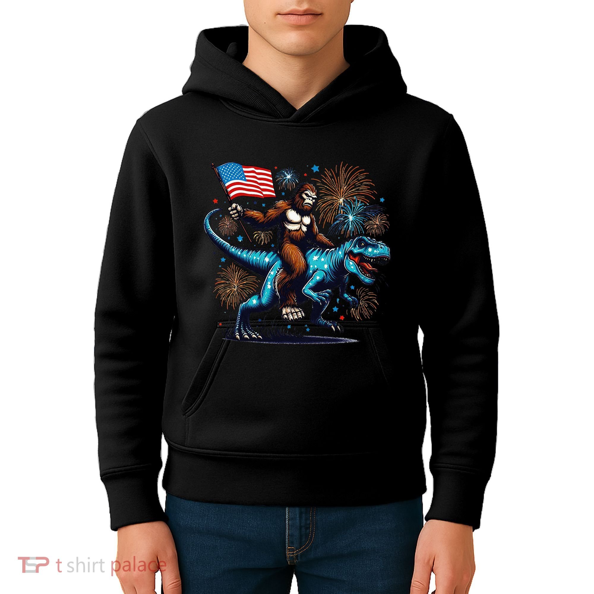 Bigfoot Fireworks Riding A Trex With Usa Flag Kids Hoodie