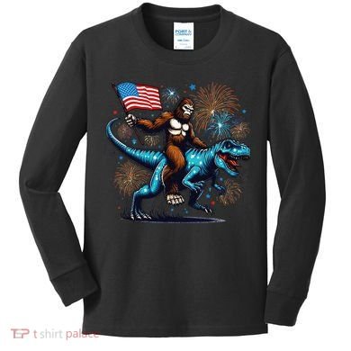 Bigfoot Fireworks Riding A Trex With Usa Flag Kids Long Sleeve Shirt