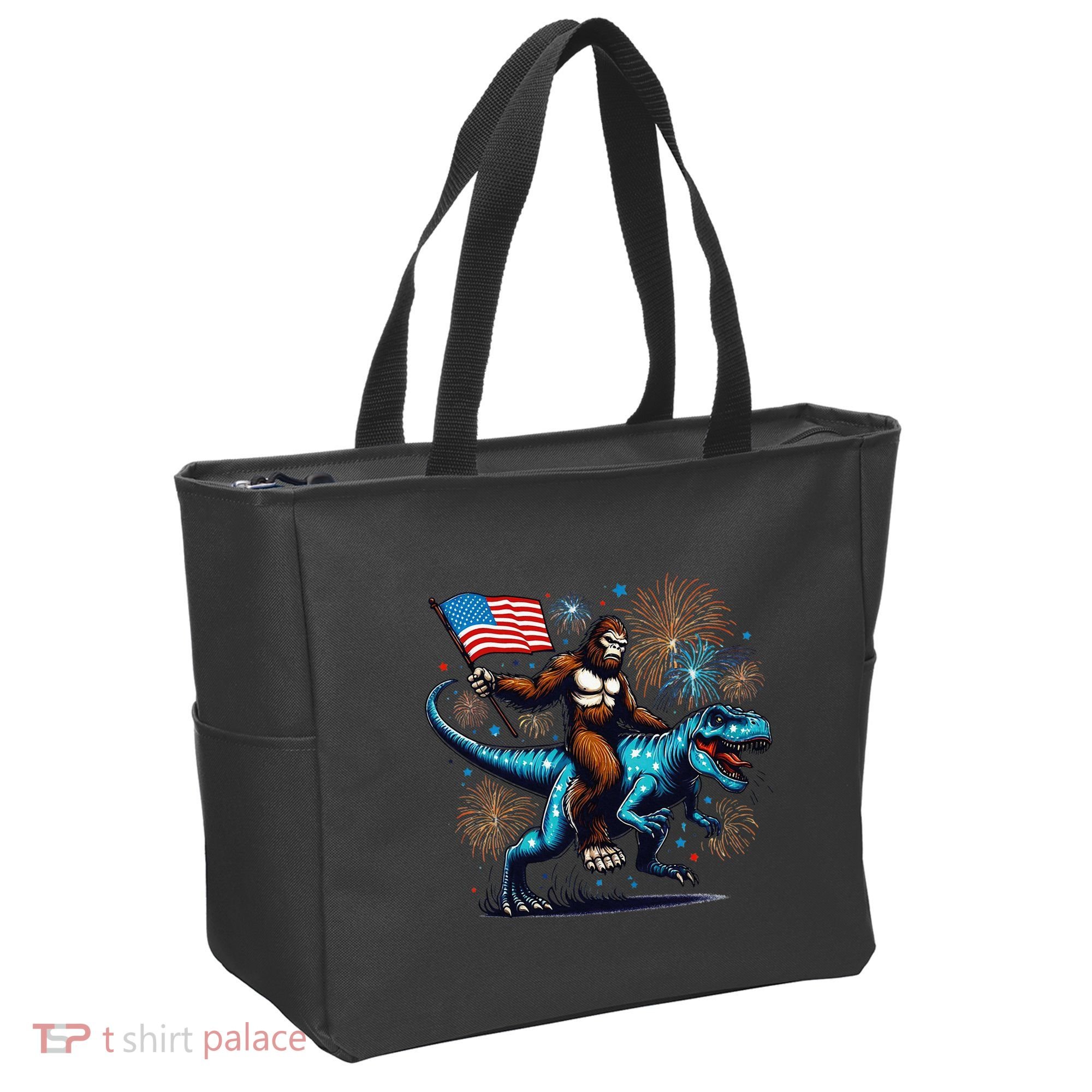 Bigfoot Fireworks Riding A Trex With Usa Flag Tote Bag